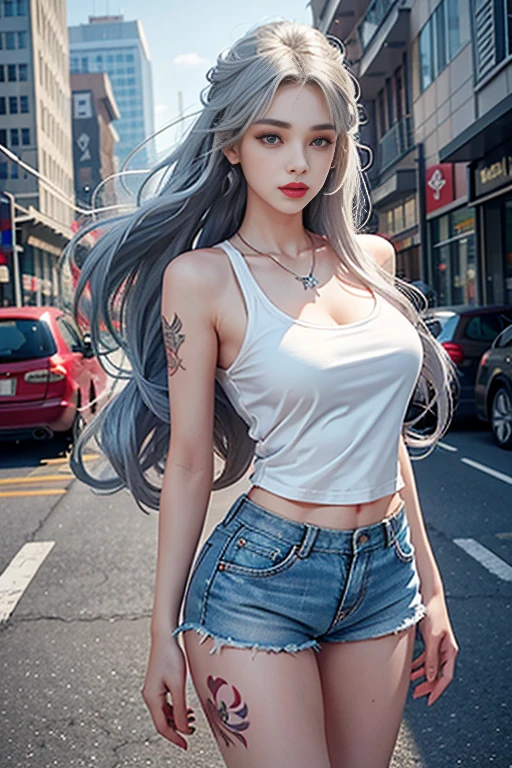 (NSFW),((Crop top)),((underbust)), (((gigantic cleavage breasts))),(navel, diaphragm), (short- sleeved),1个Giant Breast Girl, full bodyesbian, cow boy shot, Permanent, (white thong),(Black stockings),(athletic sneakers), (tmasterpiece, Best quality at best, high qulity),(Colorful),(delicate eyes and face), volumettic light, Ray traching, Bust photo ,extremely detaild的 CG unified 8k wallpapers,Alone((Fly petals)),(meadow with flowers) Skysky, blue-sky, and the sun was shining brightly, optic, fanciful, Windy, magic sparks, White hair, Outdoor activities, City view outdoors, mont, lake, parks, The tree, blue-sky, blossoms, grassy fields,
