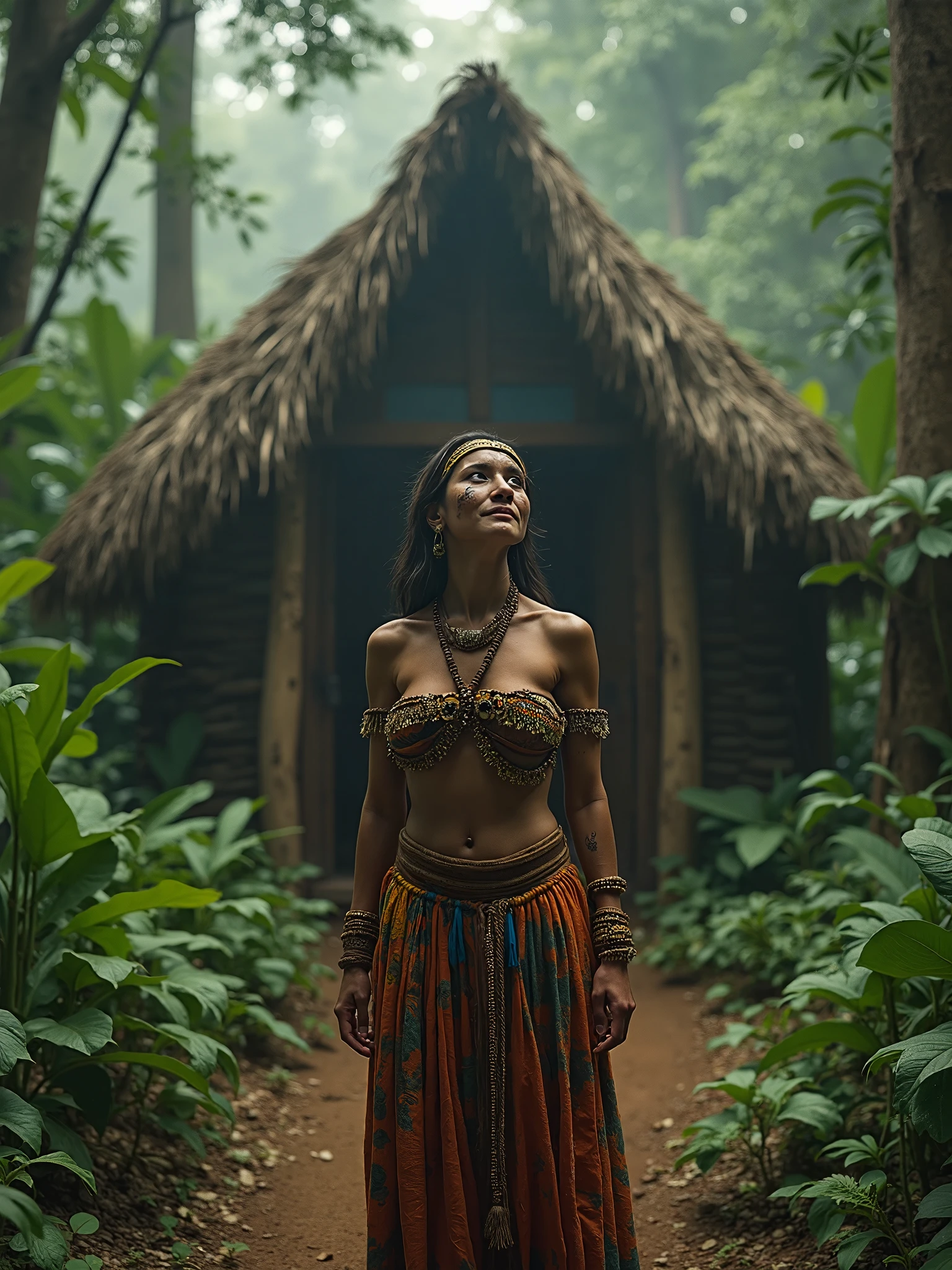 a woman in a red dress is standing in the middle of a forest, the oracle of the mayan elders, ayahuasca shaman, amazon indian peoples in brazil, she is dressed in shaman clothes, a young female shaman, Directed by: Robert Jacobsen, Arredores exuberantes,