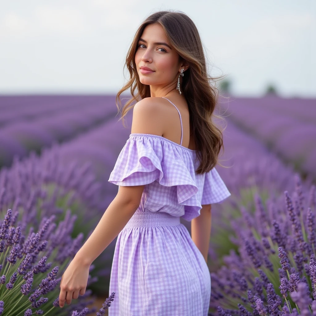 Emily Richardson, 1girl, solo, (((consistent face and image))), ((20 years old)), realistic, photorealistic, (red ((cranky)) hair), short hair, (((Caucasian mature woman))), (Swiss woman), (Swiss nose), (Swiss thick lips), posing outside the Lavender Fields, Provence: Beautiful purple fields, especially vibrant in summer., upper body and upper legs, smirking, standing, wearing In style in trend Generation-Z modern wear different colored,