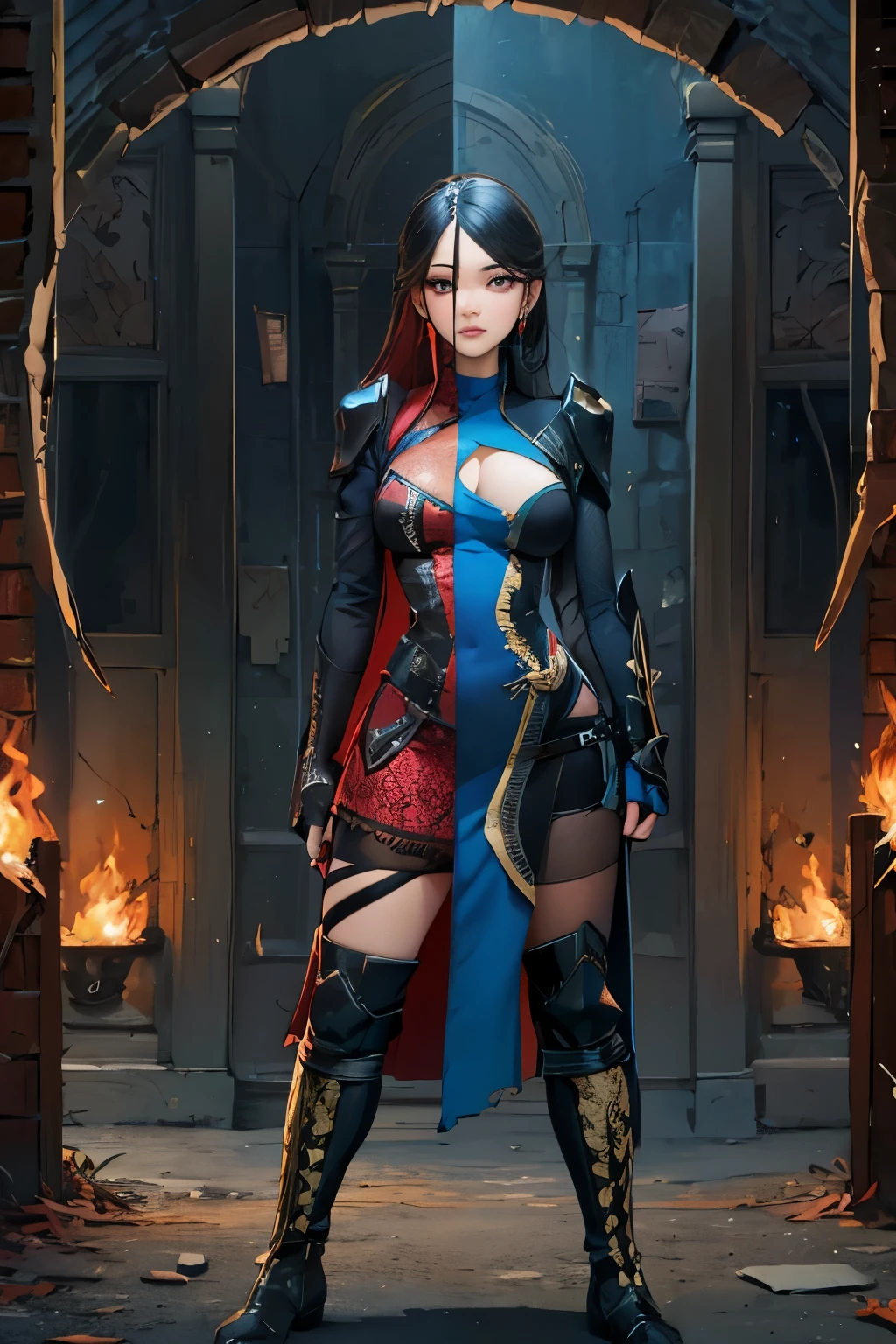 SplitScreen, split screen, symetrical drawing of witchblades, torn clothes, gauntlets, cutout dress, looking at viewer