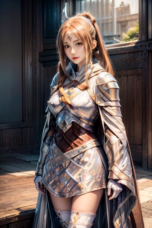 Japanese anime style. woman. A painting by Akihiko Yoshida. she wears armor mini skirt. she is standing from below. --auto --s2