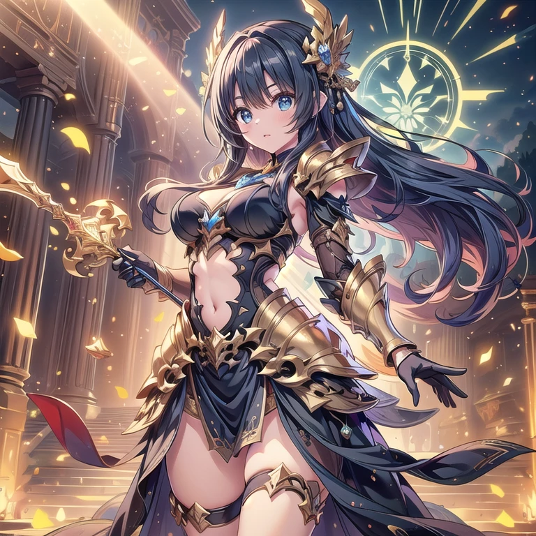 tiara, dress, showgirl skirt, long hair, black hair, red eyes, hair between eyes, cleavage, large breasts, bare thighs, bare shoulder, thighighs, panties, navel, sleeveless, midriff,