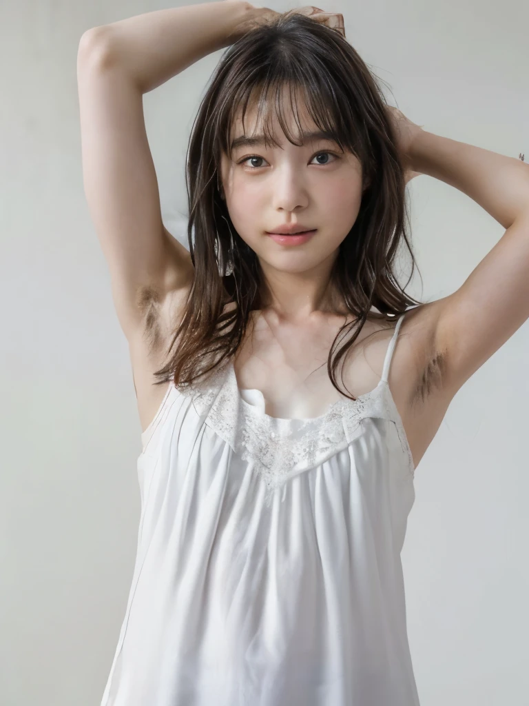 1girl, (Japanese girl, hands behind head, hairy armpit exposed), ((white camisole dress, lace)), (flat chest:1.3), (hairy armpits:1.4, armpit hair:1.4), pale skin:1.2, white wall, studio lighting, looking at viewer, Realistic, (real picture, Intricate details), natural skin texture:1.5