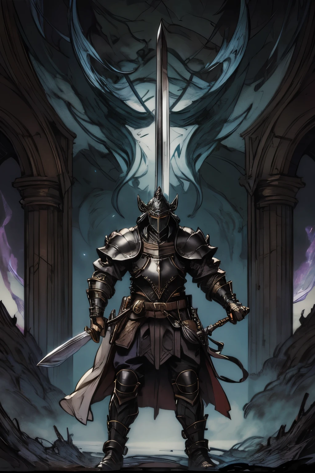 symetrical drawing of Abyss Knight HApollo holding sword both hands, chainmail, tunic, helmet, shield, (Hold up a large sword and hit the tip of the sword), swordup, looking at viewer, ArsMJStyle, dnddarkestfantasy, abyssaltech, dark energy, see-through robe, ethereal power