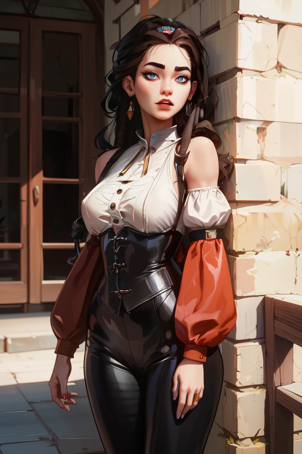 masterpiece, HD , great quality, very aesthetic , absurd, high contrast , high color palette , light glare ,Latest ,2.5D, Volumetric lighting , Sweet, jung, 1 girl, aztekisch, medium-sized breasts, sharp teeth, glowing red eyes , athletic body, aztekisch, looks at the viewer, sinister, jungle in the background, leather clothing , Dreadlocks,