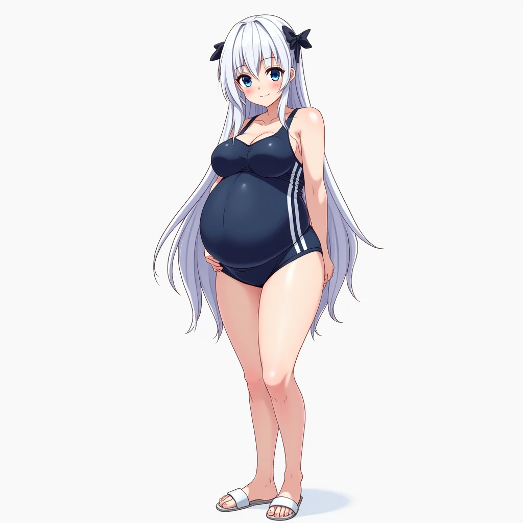 from front, full body, crossed arms, standing and spread legs, school swimsuit, naked witch hat, long silver hair, breasts, white background, smug,