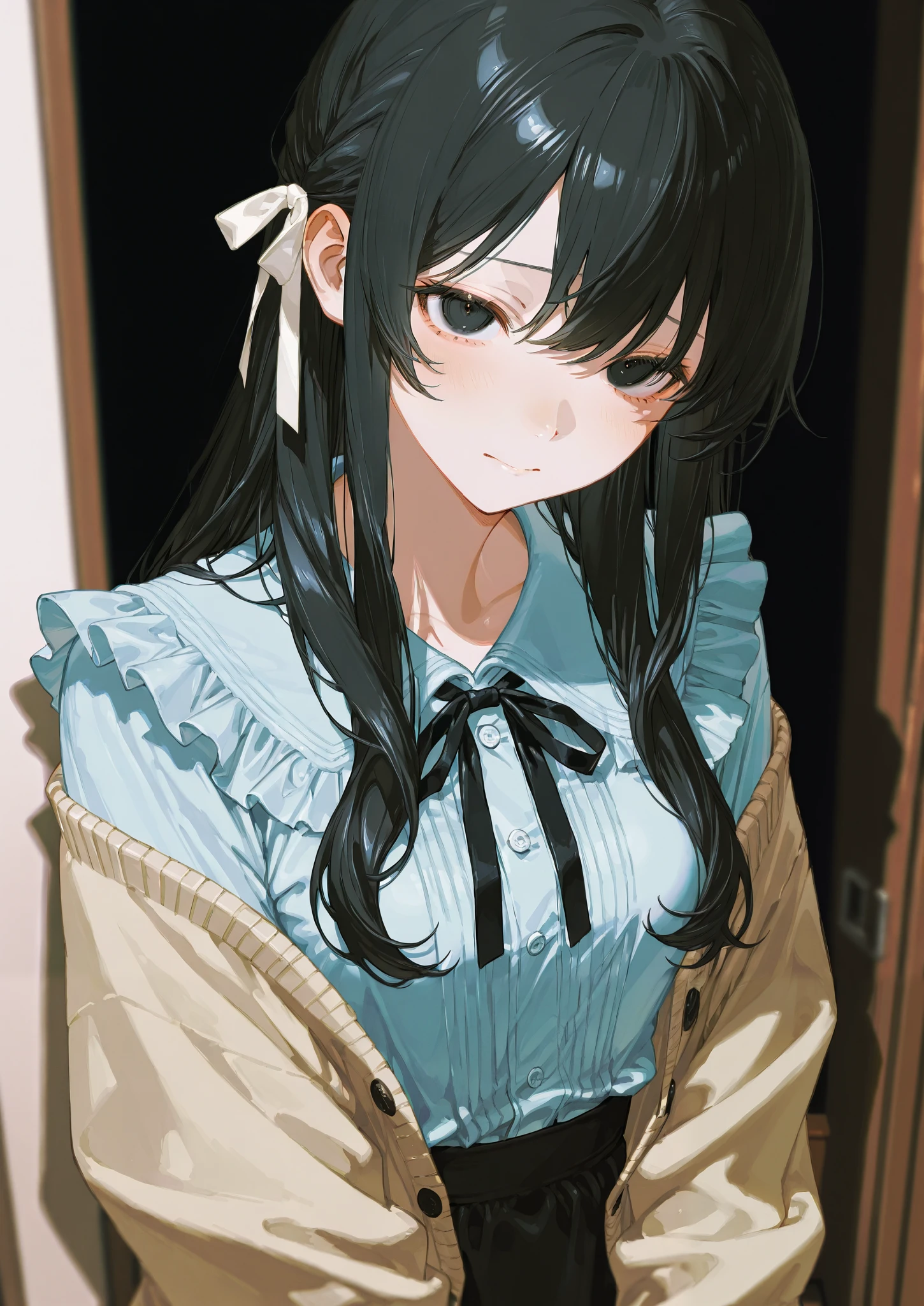 One person、 wave hair、 frill、ribbon、 Masterpiece、 top quality、 blurry background indoors、 depth of field、 detail hair、 black hair、 black eyes、 long hair、 blouse、 Cardigan、Depression、 dark、Anxious face、despair、shadow、Black background、Depression、 rugged face