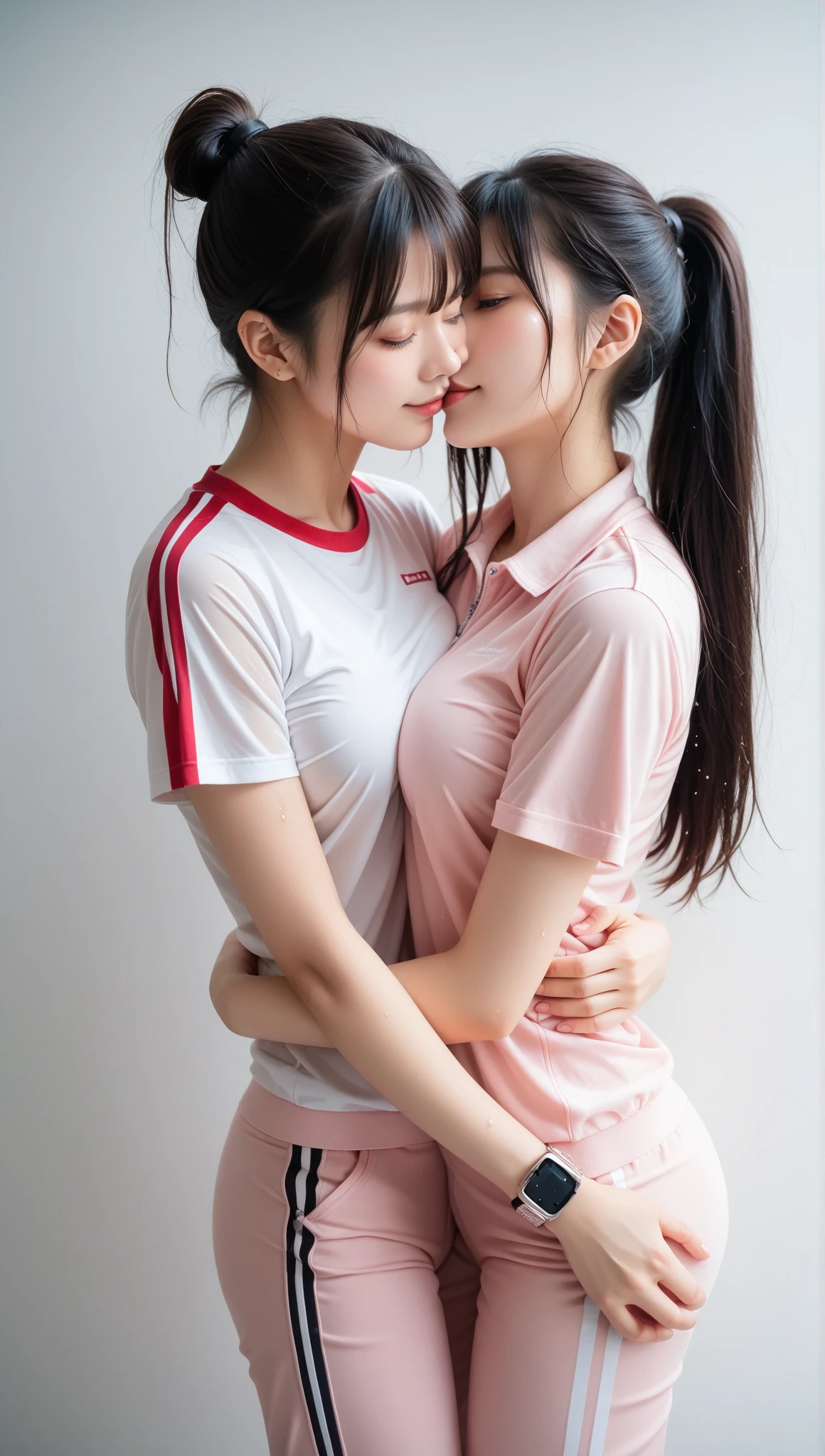 friendship,2 girls in the piano room, Navy blue short-sleeved shirt,Navy Long Trackpant,Sweatpants, Sweatpantsขายาว,25 year old girl, lesbian, sexy, lying on the bed., exercise clothes, have sex, two girls kissing, Realistic kiss