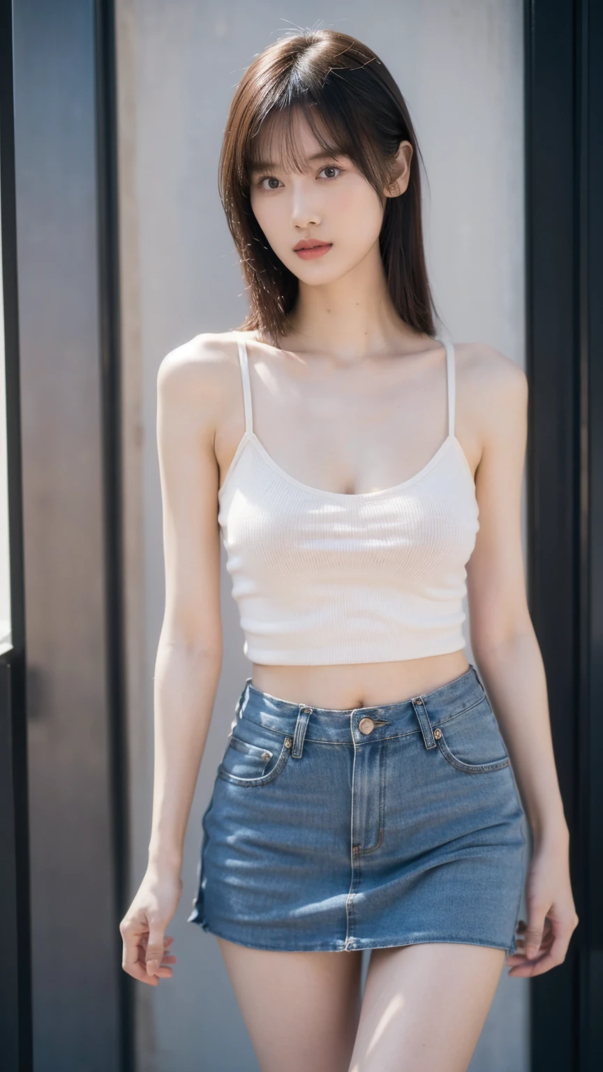 (highest quality, masterpiece:1.4), Realistic, Detailed skin, throw, View your viewers, (street, city:1.2), 1 girl, (Korean mixed race, K-Pop Idols:1.2), Pale skin, (Slender body, Thin thighs:1.25), Thigh Gap, Large Breasts, (Cleavage:1.2), (White camisole, Very short shorts), belly button
