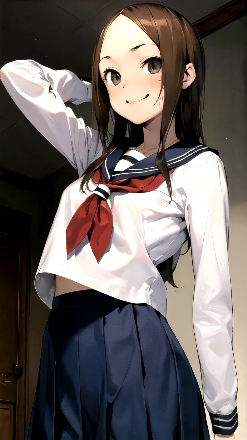 ((masterpiece,best quality)), {DATE_artstyle_LoRA : Manga_Style} {horror_edit : creepy_room_aura} {} { (aatakagi, long hair, , perfectly_small_shape_breast : perfectly_slender_body : petite } { , sailor collar, red neckerchief, sailor shirt, white shirt, long sleeves, pleated skirt, blue skirt, } { } {standing_still} { sinister_smile : possessess } { sweating : armpits } { } : dark room : }