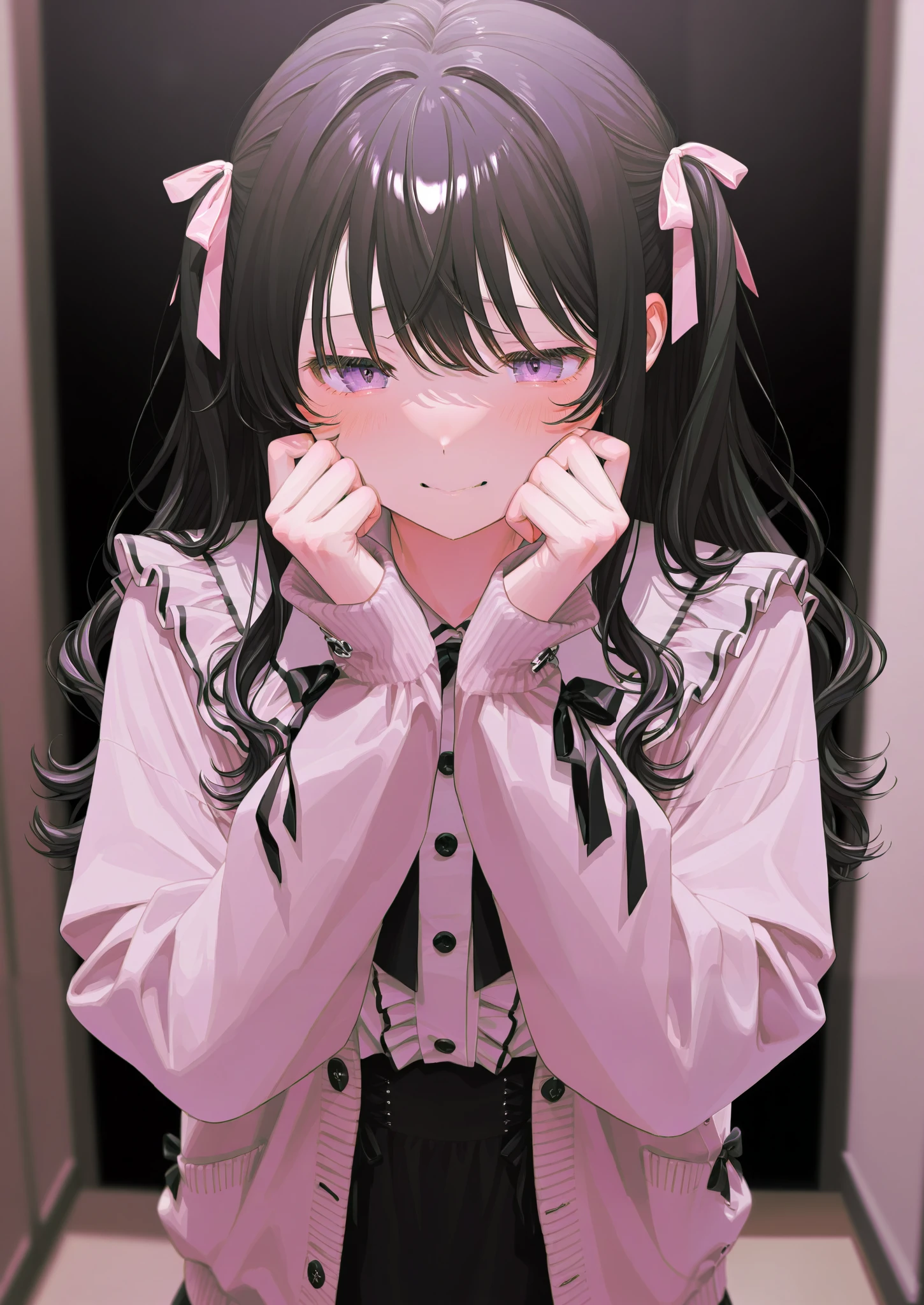 One person、 wave hair、ribbon、 Masterpiece、 top quality、 blurry background indoors、 depth of field、 detail hair、 black hair、 purple eyes、 blouse、 Cardigan、Pungent 、 dark、Anxious face、despair、shadow、Black background、Depression、 rugged face、Tired