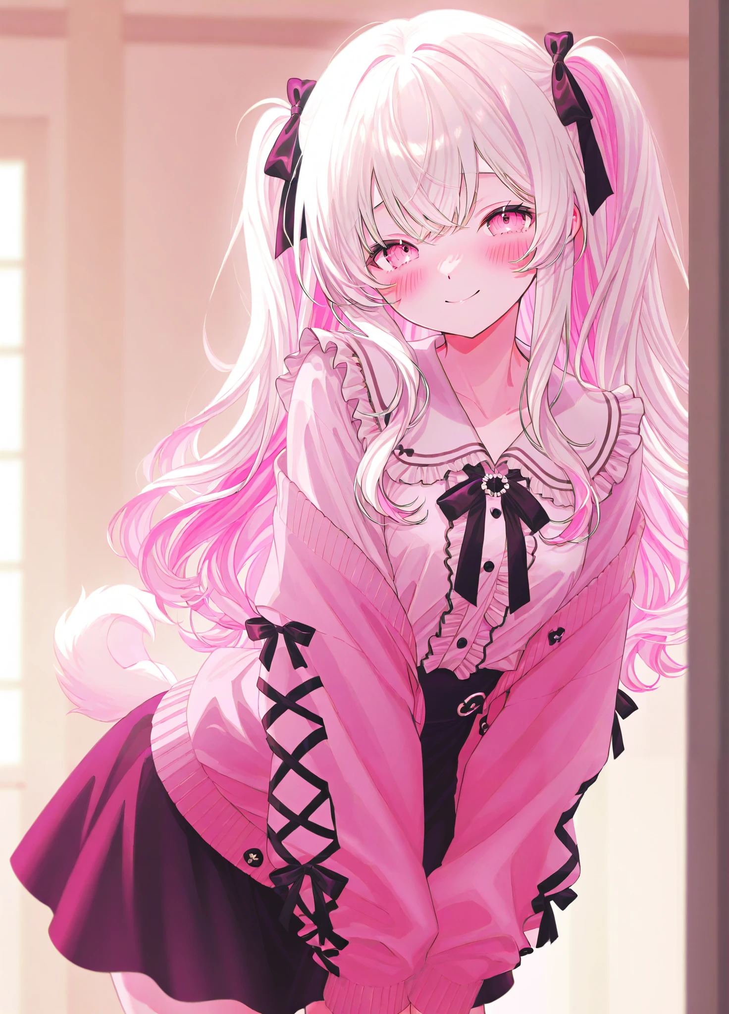 one woman、 white hair、 pink inner color hair、 pink eyes、 blush、 half twin tail 、 wave hair、 frill、ribbon、 blouse、 Cardigan、 skirt by humili、 indoor、 smile、 I'm squinting、 Masterpiece、 top quality、 blurry background indoors、 natural light、 Soft Lighting 、