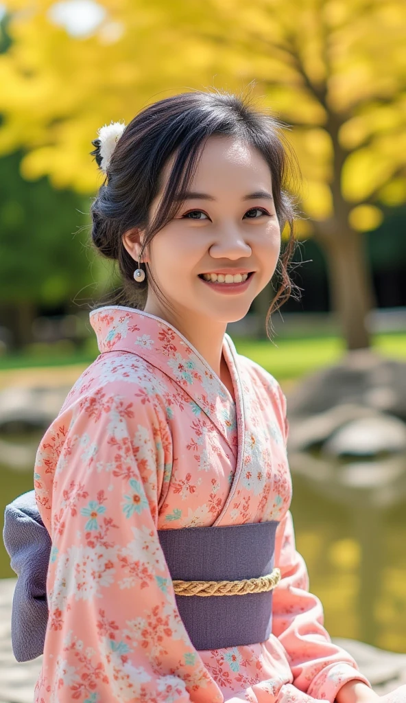 A 10 years old Japanese girl in a kimono, standing under a weeping willow tree, smiling, beautiful detailed eyes, beautiful detailed lips, extremely detailed eyes and face, long eyelashes, photorealistic, portrait, natural lighting, muted color palette, cinematic composition, soft focus, masterpiece