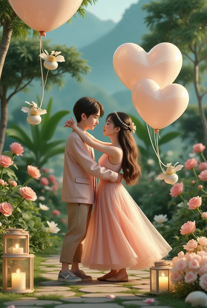 In a captivating digital art masterpiece, a couple shares a romantic dance in the center of an enchanting garden on Valentine's Day. The scene is illuminated by floating candles and lanterns, casting a warm, soft glow. The intricate details of the garden, from the delicate petals of the flowers to the lush green foliage, are rendered in stunning 8K resolution. The couple, lost in their embrace, exudes a sense of deep love and connection. The atmosphere is filled with a magical and dreamy quality, enhanced by the gentle light and the serene beauty of the surroundings.