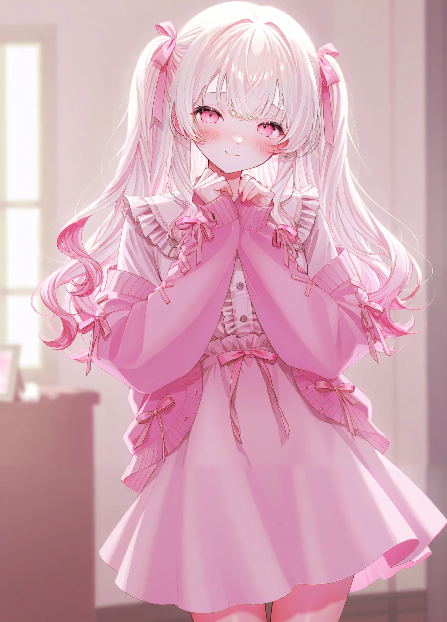 one woman、 white hair、 pink inner color hair、 pink eyes、 blush、 half twin tail 、 wave hair、 frill、ribbon、 blouse、 Cardigan、 skirt by humili、 indoor、 smile、 I'm squinting、 Masterpiece、 top quality、 blurry background indoors、 natural light、 Soft Lighting 、