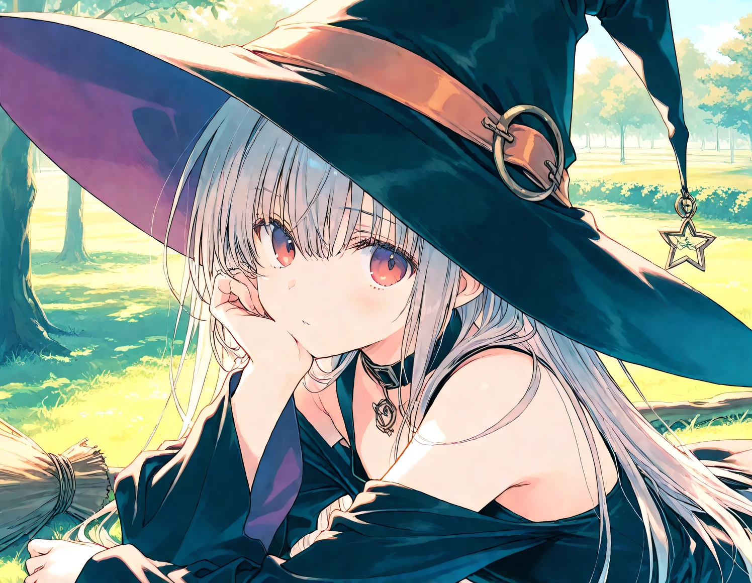 (masterpiece), (best quality), (ultra-detailed),artist:mitsumi_misato,
1girl, witch,expressionless, outdoors,