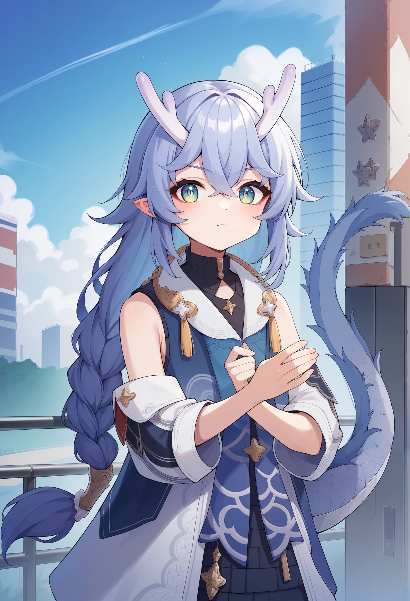 points _9, points _8_go up , points _7_go up , points _6_go up , points _5_go up , points _4_go up , style _anime,
1 girl, fear \( Honkai: Star Rail\), horn , long hair, dragon tail , bangs cut , braid , sleeveless turtleneck, sleeveless coat, detachable sleeve , old ,
Alone, outdoors, cowboy shot, to look at the viewer,