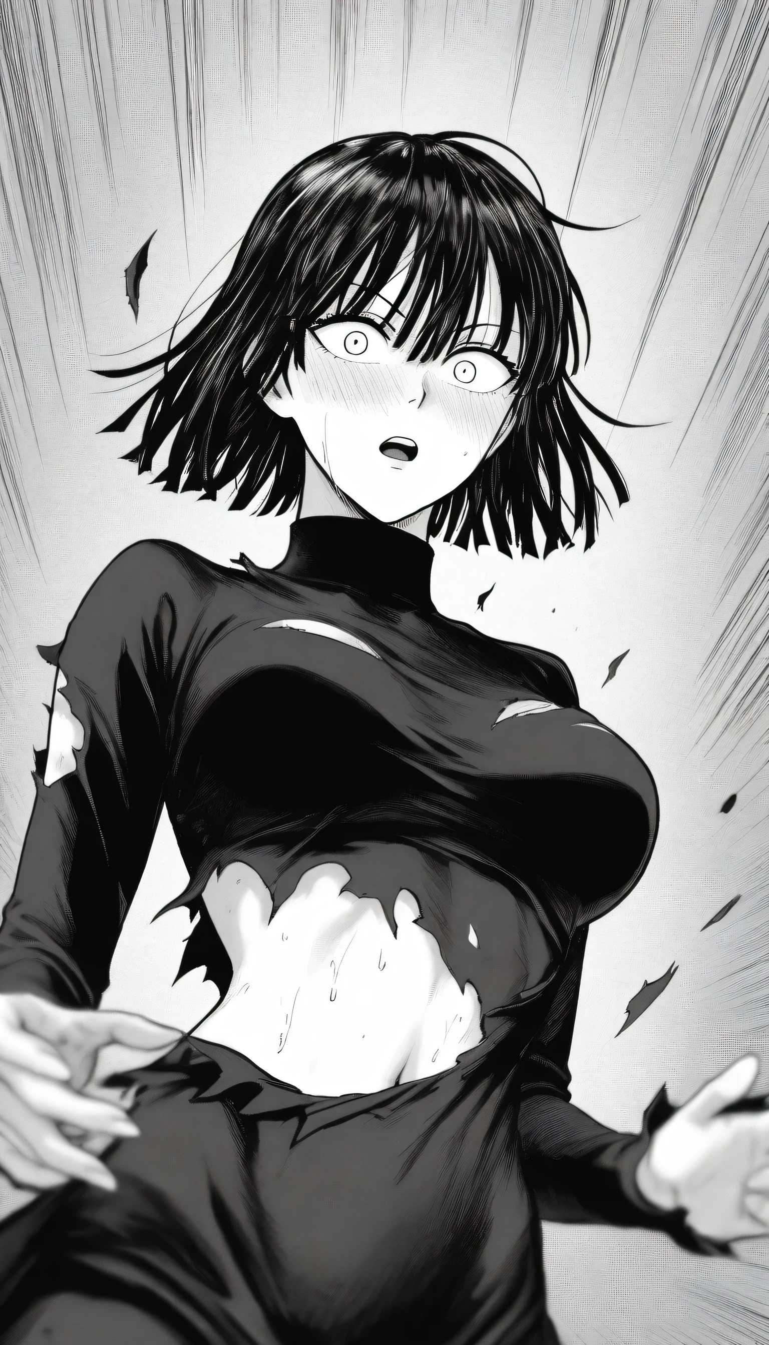 masterpiece, best quality, amazing quality, very aesthetic, intricate details, depth of field, scenery, BREAK.
monochrome, black and white, greyscale, screentones, halftone, ben-day dots, cross-hatching, hatching (texture), linear hatching, hatching \(art\), BREAK.
blush,
looking at viewer, surprised expression, surprised, wet clothes and body and hair,
(wide eyed:1.2), (constricted pupils:1.2), (aged up:1.3),
BREAK.
(torn clothing:1.4), torn topwear, show off navel,
torn black dress, long dress, long sleeves, turtleneck, , BREAK.
fubuki (one-punch man), 1girl, solo, white eyes, black hair, short hair, bangs, hair between eyes, large breasts, BREAK.,
Underwear appear