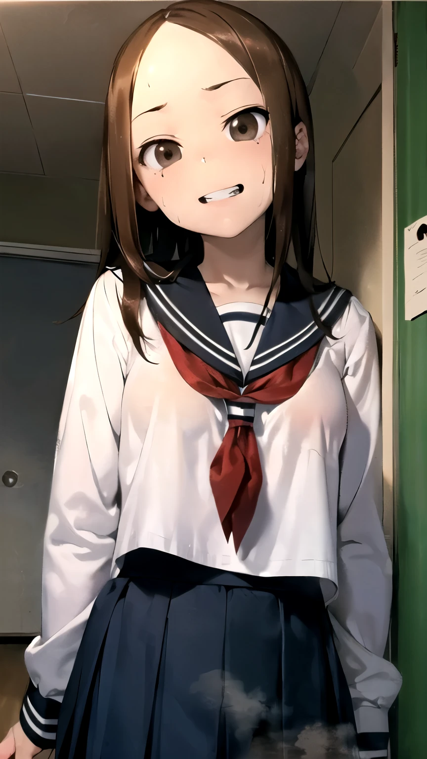 ((masterpiece,best quality)), {DATE_artstyle_LoRA : Manga_Style} {horror_edit : creepy_room_aura} {} { (aatakagi, long hair, , perfectly_small_shape_breast : perfectly_slender_body : petite } { , sailor collar, red neckerchief, sailor shirt, white shirt, long sleeves, pleated skirt, blue skirt, } { sweaty_clothes : seen_through_bra} {standing_still} { sinister_smile : possesses : teeth} { sweating : hands_on_breast : steaming} { } : dark room : }