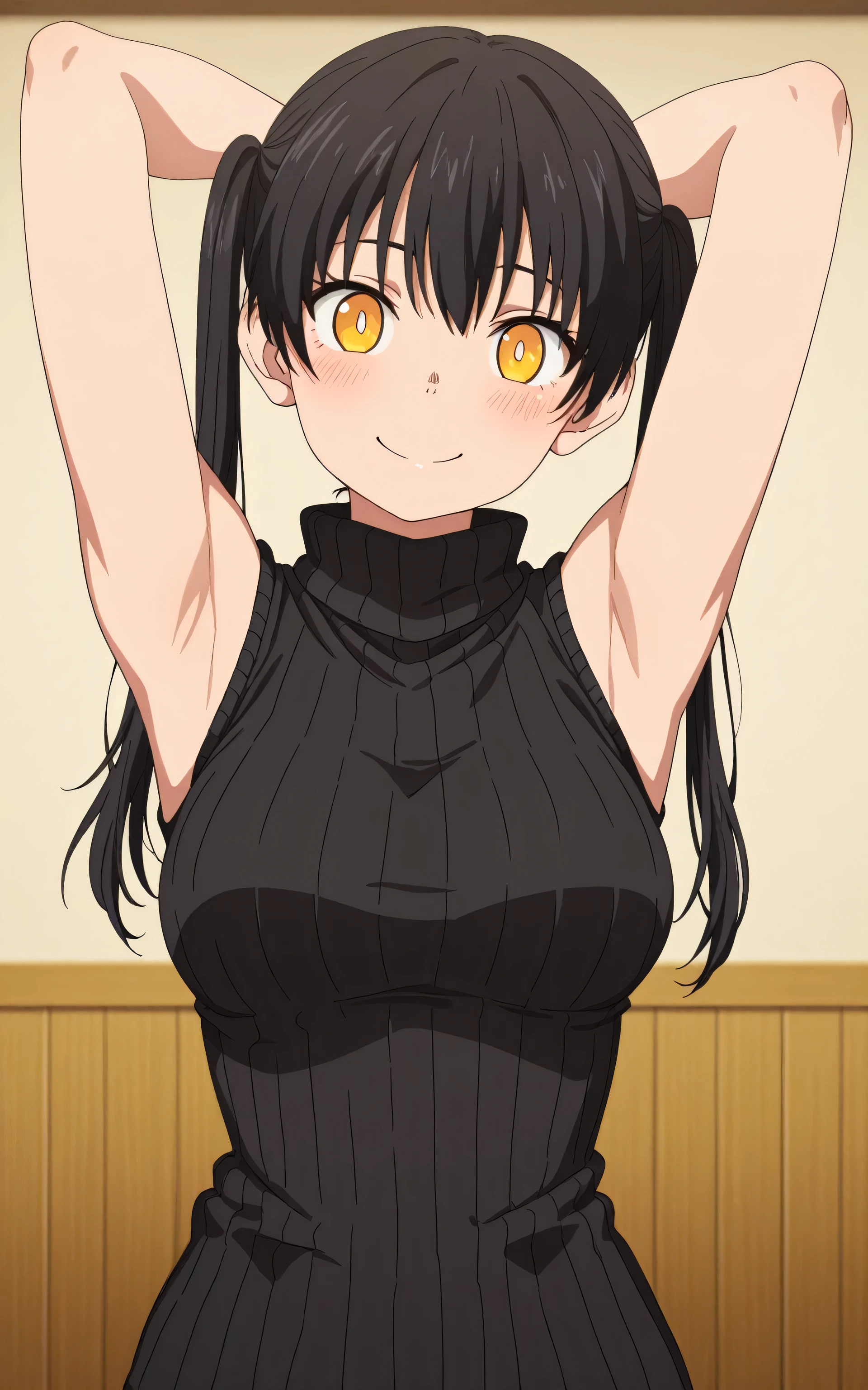 Anime girl with black hair and yellow eyes posing for a picture - SeaArt AI