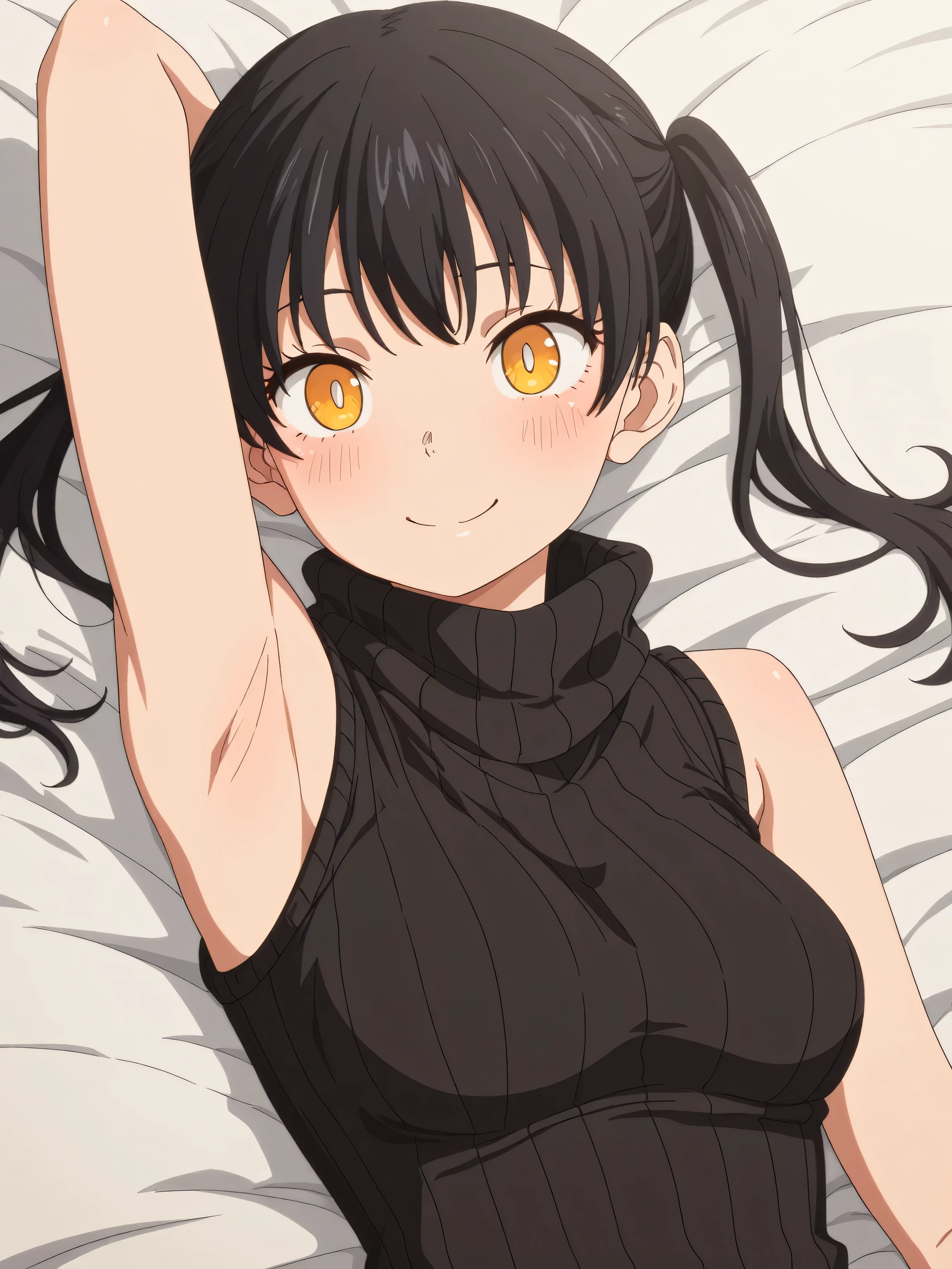 masterpiece, best quality, amazing quality, anime screencap, 1girl, solo, tamak1, black hair, yellow eyes, twintails, black sweater, sleeveless sweater, ribbed sweater, turtleneck, sleeveless, bare shoulders, bare arms, arm behind head, armpit, head towards viewer, looking at viewer, blush, smile, closed mouth, anime coloring, medium breasts, lying in bed