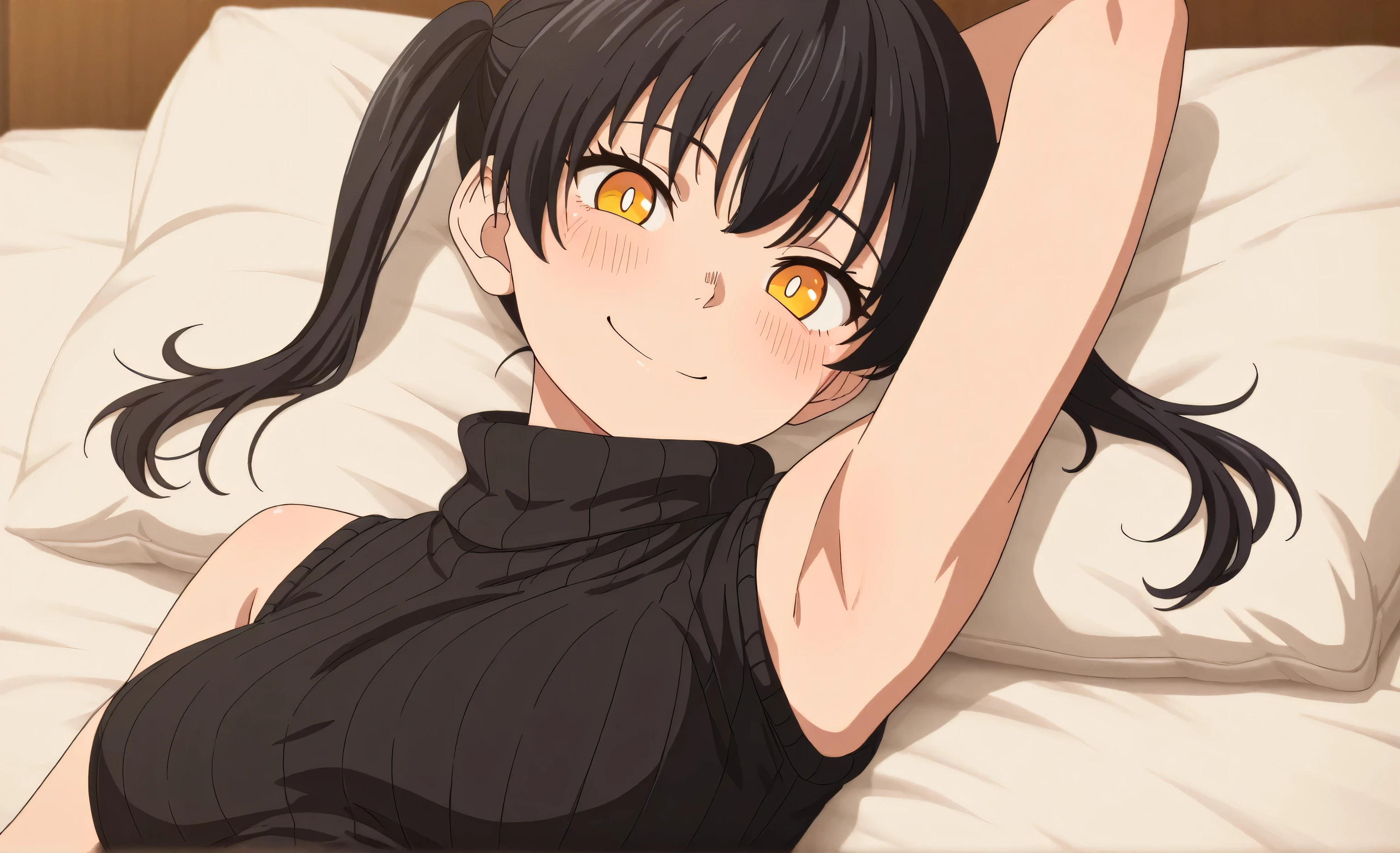 masterpiece, best quality, amazing quality, anime screencap, 1girl, solo, tamak1, black hair, yellow eyes, twintails, black sweater, sleeveless sweater, ribbed sweater, turtleneck, sleeveless, bare shoulders, bare arms, arm behind head, armpit, head towards viewer, looking at viewer, blush, smile, closed mouth, anime coloring, medium breasts, lying in bed
