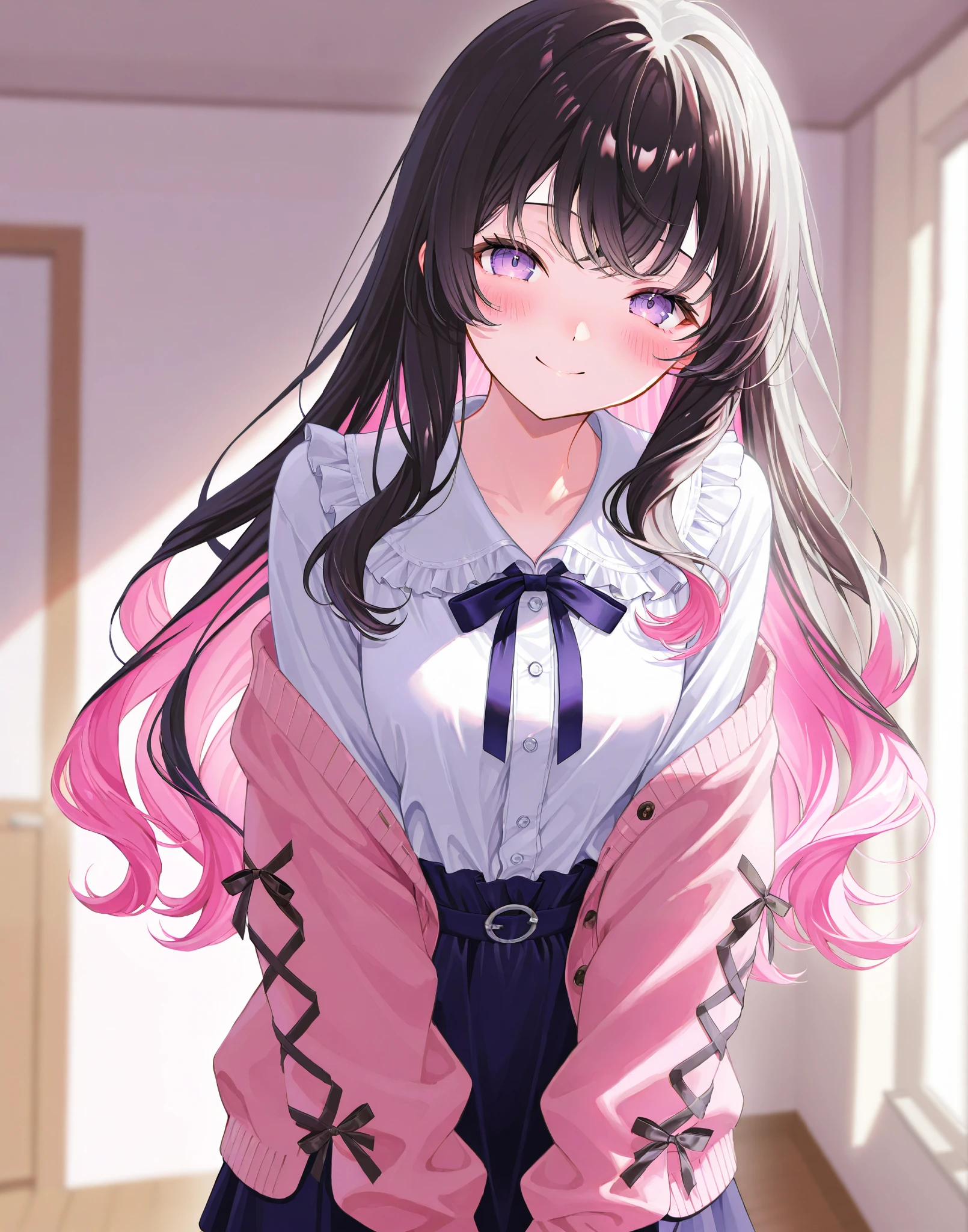 one woman、 black hair、 pink inner color hair、 purple eyes、 blush、 wave hair、 frill、ribbon、 blouse、 Cardigan、 skirt by humili、 indoor、 smile、 I'm squinting、 Masterpiece、 top quality、 blurry background indoors、 natural light、 Soft Lighting 、