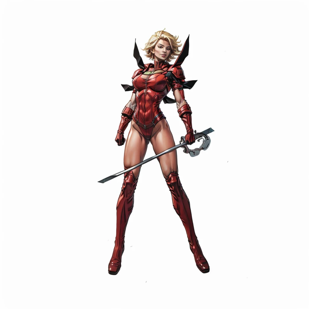 A muscular 35-year-old Russian warrior woman almost naked in the Simon Bisley style for the cover of Heavy Metal magazine, bare thighs, garter belt, super short blonde hair, Minimum clothing, red carbon fiber clothing in chevron pattern, ((((red clothing))), (((short-cut))), ((Annie Lennox)), (((mature woman))), full body