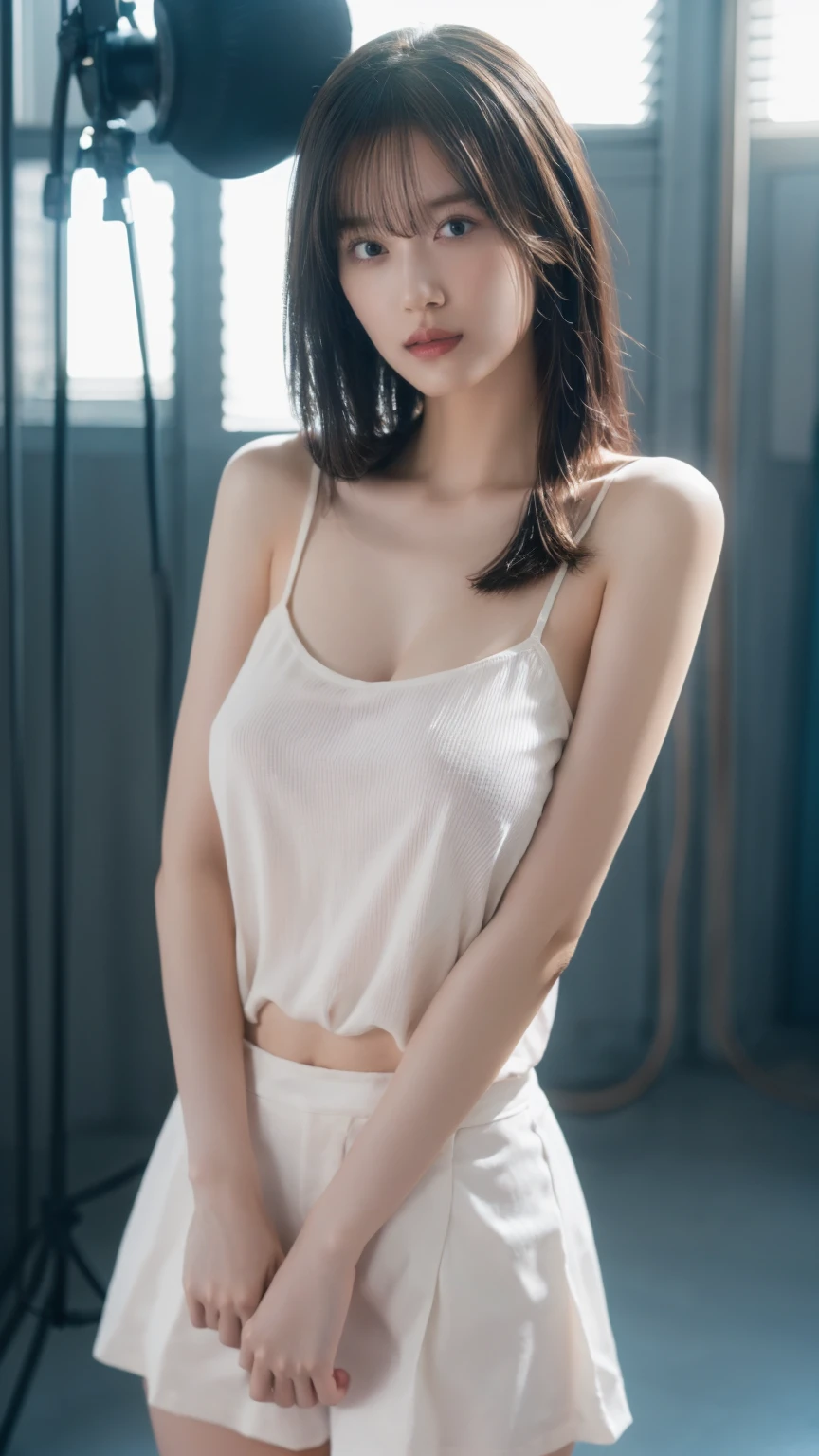 disorganized, RAW photo, very delicate and beautiful, masterpiece, highest quality, ultra high resolution, 16k, surreal, super detailed, perfect anatomy, super dense skin, perfect figure, Highly detailed CG 8k wallpaper, 20&#39;s, very slim body, (tight waist:1.2), very small head, very small face, delicate features, tearful mole, earrings, thin legs, (very huge round breasts:1.3), (full body shot:1.1), short hair, wavy hair, (camisole:1.2), BREAK short leather skirt,  (blazer:1.1),