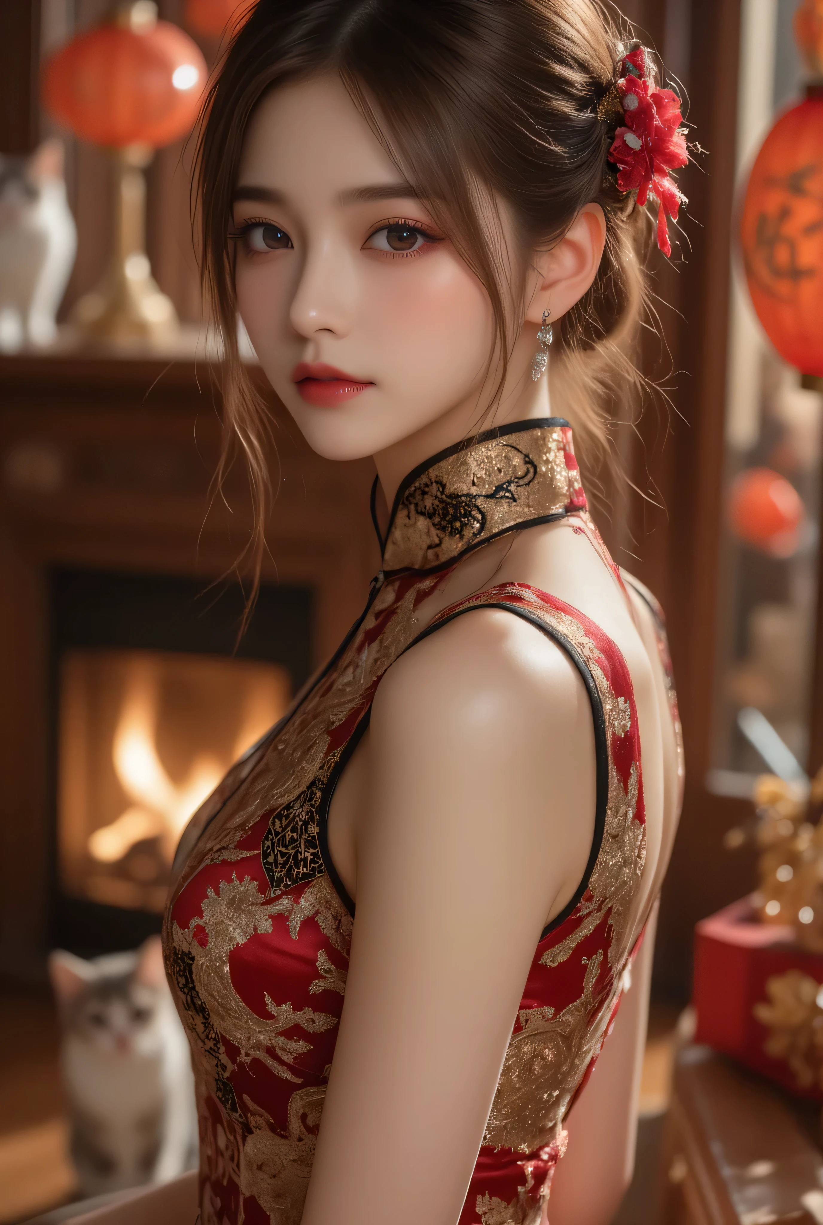 View from front bottom, A close-up, head-and-shoulders portrait of a beautiful Korean idol with fine facial features and a ponytail, wearing a red-black-green-blue-transparent-silver-gold short cheongsam with some black-transparent sections, adorned with intricate gold or silver phoenix and floral embroidery. She stands gracefully in a warmly lit room featuring a vintage fireplace and traditional Chinese New Year decorations, including vibrant red lanterns, decorative calligraphy scrolls, a small Chinese orange tree with golden ornaments, and several red envelopes scattered across the floor and hanging from the tree. Adorable, playful cats are part of the scene—some sitting near the tree, others curiously pawing at the red envelopes or lounging around. Through a window or an open door in the background, vibrant Chinese fireworks light up the night sky in an array of reds, golds, and blues, casting a magical glow into the room. The idol’s outfit is complemented by subtle accessories like red hairpins or earrings and a few pretty Chinese hair accessories, along with pink lipstick, enhancing her festive look. The atmosphere is warm and lively, filled with the joyful essence of the celebration, highlighted by dramatic, chiaroscuro lighting, deep contrast, pleasant colors, and intricate, elaborate patterns, creating a super-detailed, realistic 8K cinematic composition.