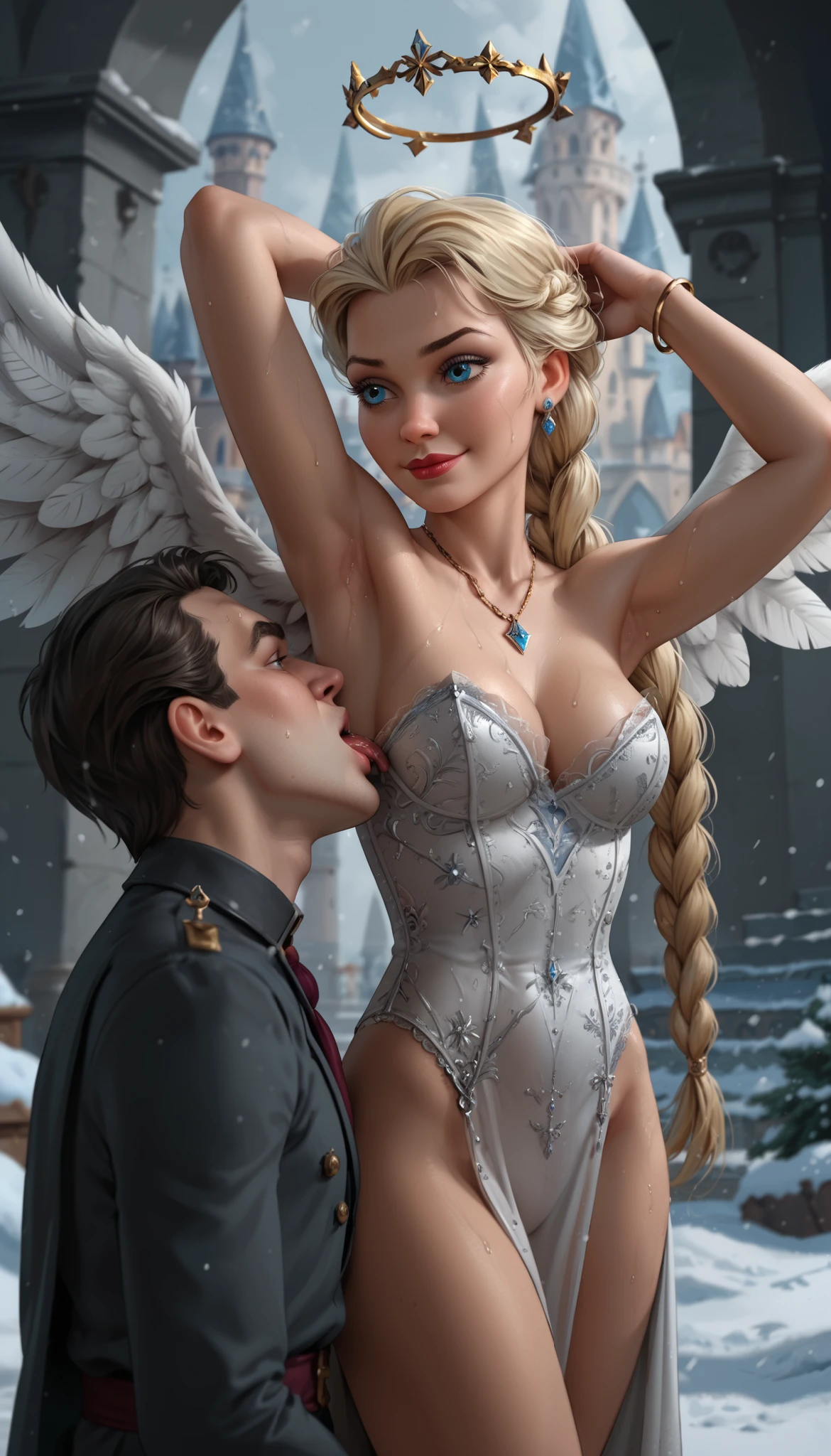 evil smirk, angel outfit with cleavage, halo, angel wings, see throught outfit, armpit licking, licking her armpit, armpit sweat, 1girl, 1slave, male slave, prisoner, cfnm, femdom, mistress, knelt, submissive guy, sexy, DisneyElsa, disney style, disney, disney art style,blonde hair, blue eyes, braid, 24 years old, crystal snow background