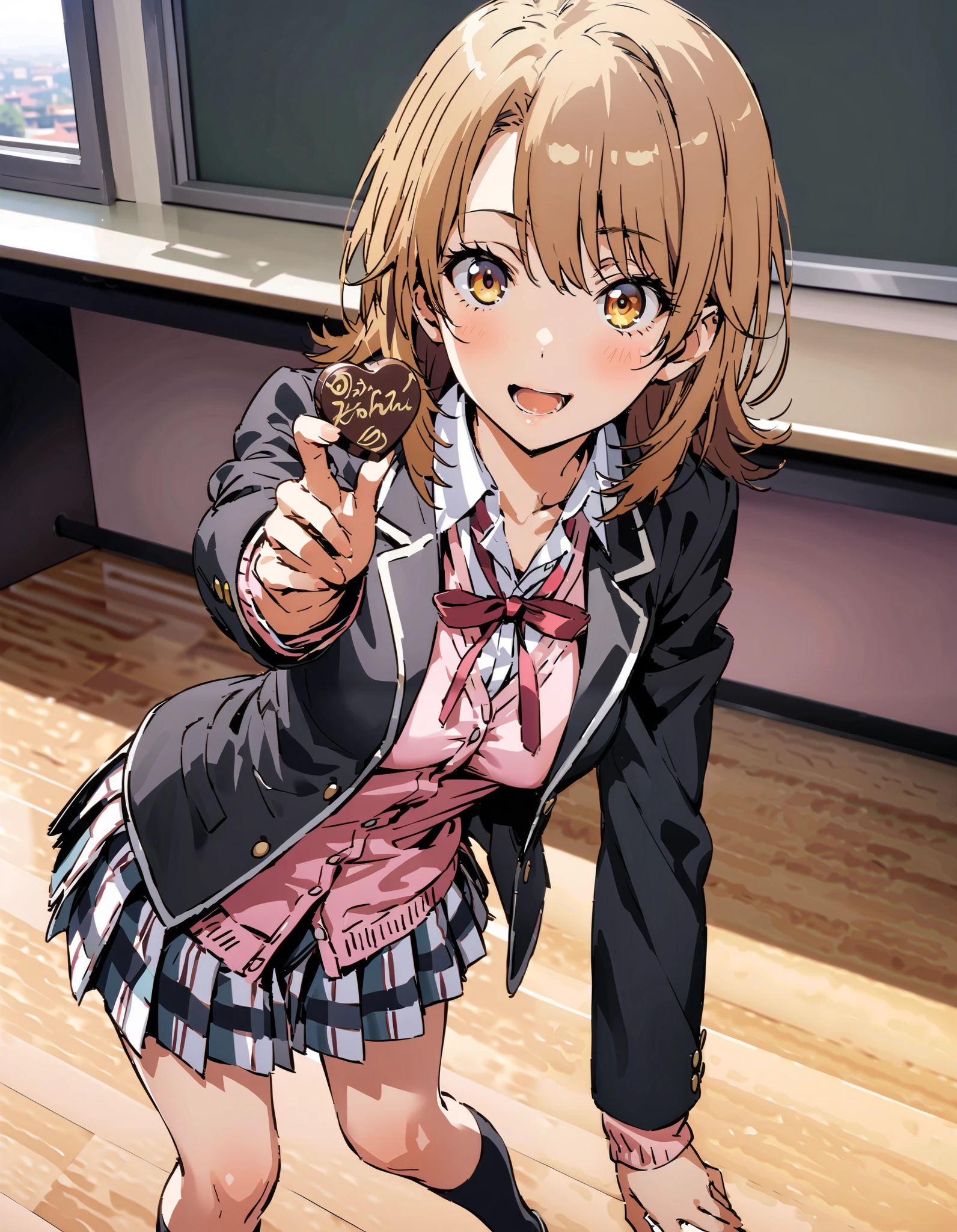 Irohaisshiki, Isshiki Iroha , Alone, short hair, brown hair, brown eyes,smile,blush, open your mouth,
skirt by humili, shirt, ribbon, school uniform, jacket, white shirt, socks, open jacket, black jacket, check pattern ,黒色 socks, check pattern skirt by humili, blazer, Cardigan, black socks, pink Cardigan, sobu high school uniform, bend your back, incoming Food, Chocolates, holding, holding Chocolates, holding Food, Food, A heart-shaped present is placed on the desk,A heart-shaped present is open ,ハート型の Chocolates,
break indoors, classroom,
break looking at viewer,
break ( Masterpiece:1.2), top quality , kampala, Unity 8k Wallpaper,(shape:0.8),( fine, beautiful eyes :1.6),It's a person , full body photo,CG Details , ( perfect hands, Complete Anatomy),