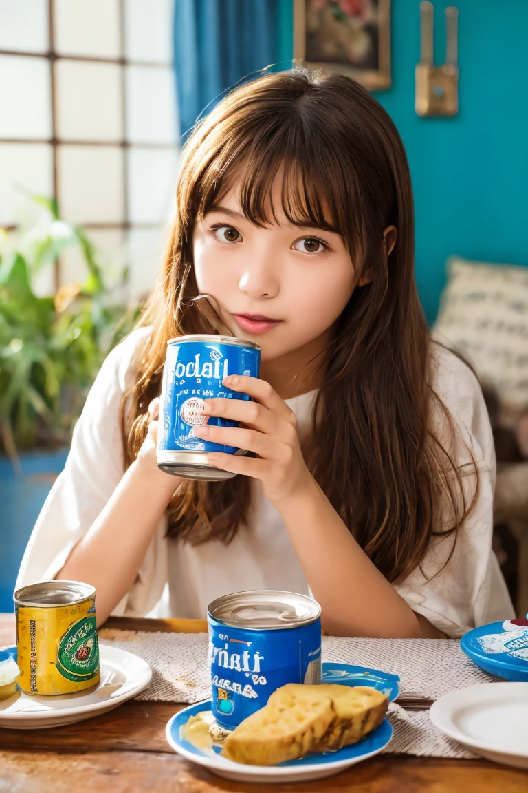 1girl, short hair, blue hair, blue dress, She is eating shaved ice on an ice table on top of an iceberg and holding a beer mug