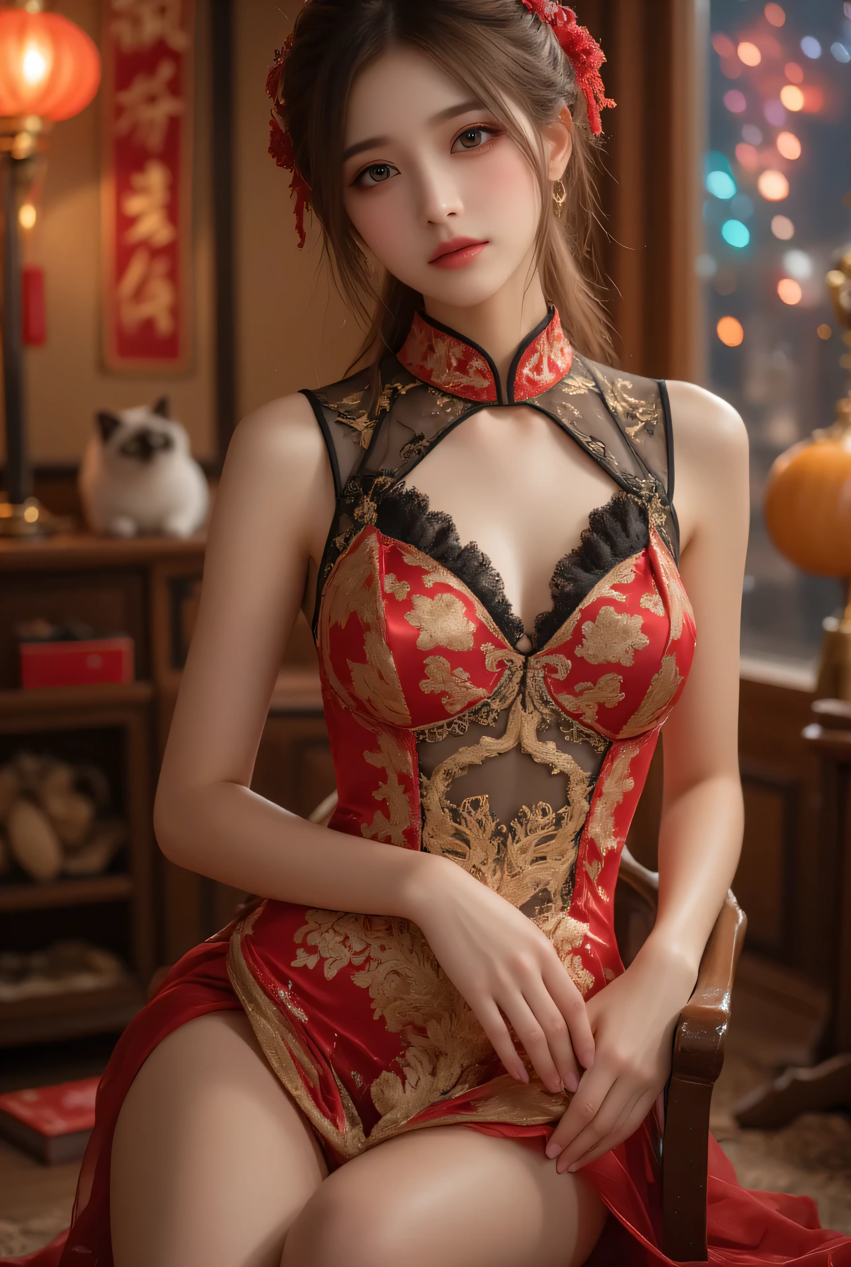 View from front bottom, A close-up, head-and-shoulders portrait of a beautiful Korean idol with fine facial features and a ponytail, wearing a red-black-green-blue-transparent-silver-gold short cheongsam with some black-transparent sections, adorned with intricate gold or silver phoenix and floral embroidery. She stands gracefully in a warmly lit room featuring a vintage fireplace and traditional Chinese New Year decorations, including vibrant red lanterns, decorative calligraphy scrolls, a small Chinese orange tree with golden ornaments, and several red envelopes scattered across the floor and hanging from the tree. Adorable, playful cats are part of the scene—some sitting near the tree, others curiously pawing at the red envelopes or lounging around. Through a window or an open door in the background, vibrant Chinese fireworks light up the night sky in an array of reds, golds, and blues, casting a magical glow into the room. The idol’s outfit is complemented by subtle accessories like red hairpins or earrings and a few pretty Chinese hair accessories, along with pink lipstick, enhancing her festive look. The atmosphere is warm and lively, filled with the joyful essence of the celebration, highlighted by dramatic, chiaroscuro lighting, deep contrast, pleasant colors, and intricate, elaborate patterns, creating a super-detailed, realistic 8K cinematic composition.