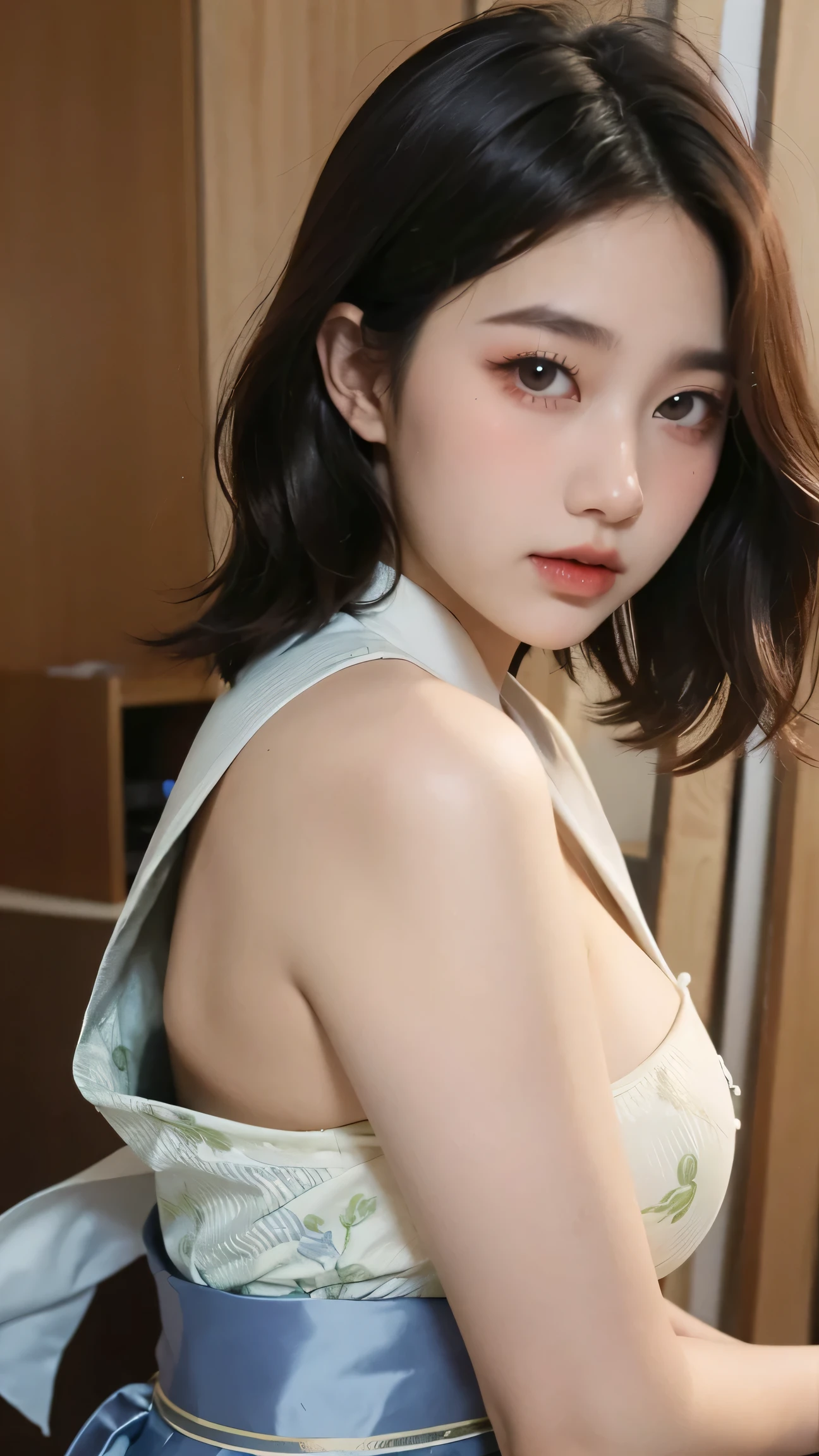 beautiful woman、Old-fashioned Japanese-style room in the morning 、 upper body only、The light in your eyes、 curly eyes 、Two-dimensional elements 、Glamorous face 、 fun face、 black wave long hair 、 big eyes、 low angle、 Big Breasts 、Wear a thin white kimono、 Beautiful breasts 、 attractive breasts、 open chest 、 Apply red makeup around the eyes、beautiful mountain climber、valley mountain peak