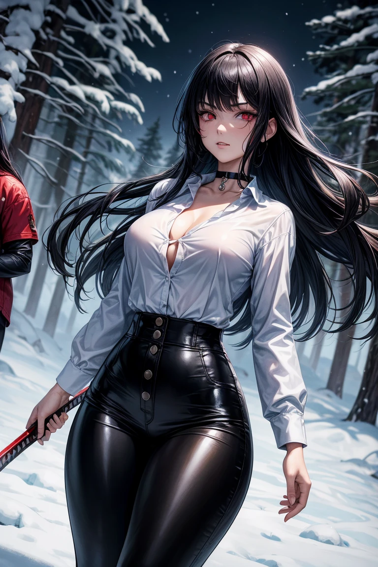 1 woman, woman fighting two zombies, High school girl swordsman, holds a katana in his right hand, long black hair, beautiful eyes, detailed eyes, Red eyes, choker:1.6, captivating look, wearing a white long-sleeved button-down shirt, big breasts, shiny black tight leggings, Snowy forest, snow night, Dark, Moonlight, absurd, high resolution, ultra-sharp, 8k, Masterpiece, perfect ass, marked ass, view from behind, looking at the viewer