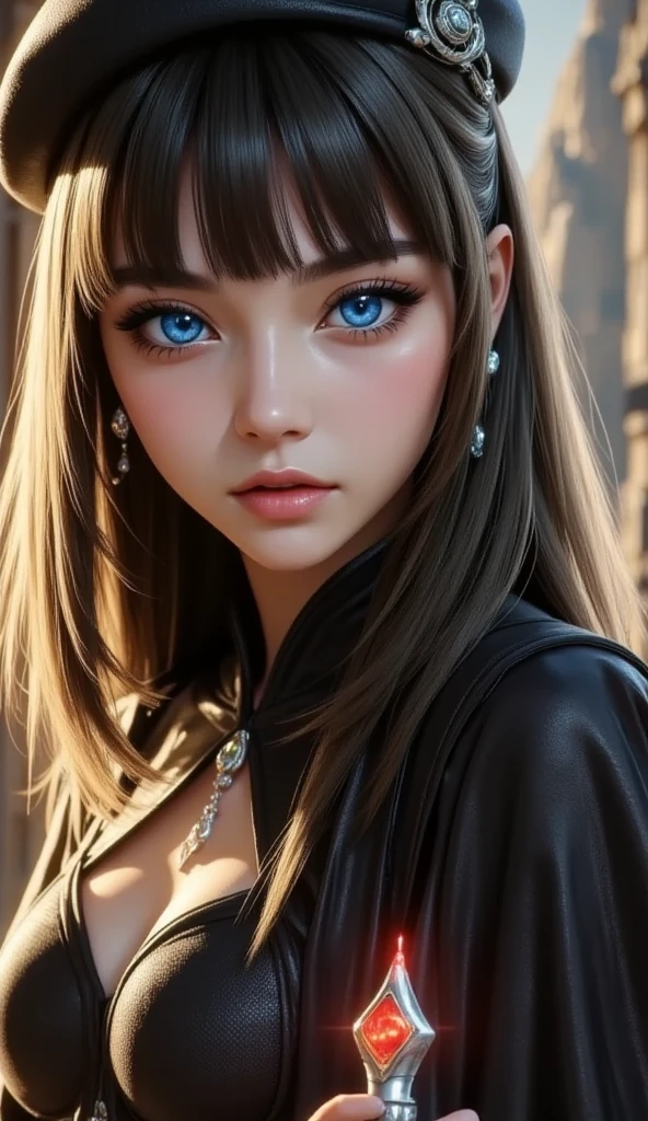 full body display、 wizard woman、18 years old、 a black compact hat 、Wearing a hat at an angle、 wears a short black cloak 、 Black Bodysuit、Too much exposed skin、 beautiful face、 black hair bob hair、 it has a serious face and cast a spell 、 the body is facing forward、 it has a cane with a shining jewel on its tip、The cane is held in front、 the background is a volcanic area 、