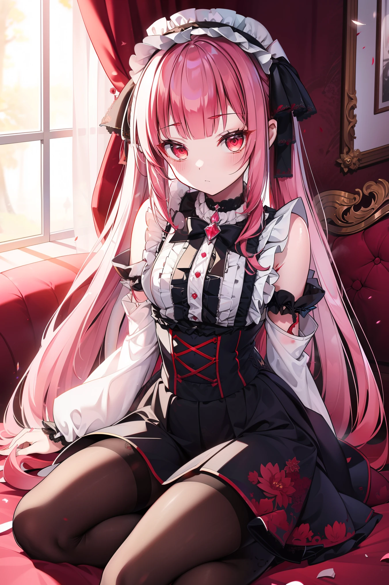 4K quality, Special quality, very detailed, clear picture, anime girl, Long pink hair, Move my hair, conjunctivitis, standout earrings, Gothic Lolita, red dress, middle bust, small thighs , Sitting at the table., Cross your legs.