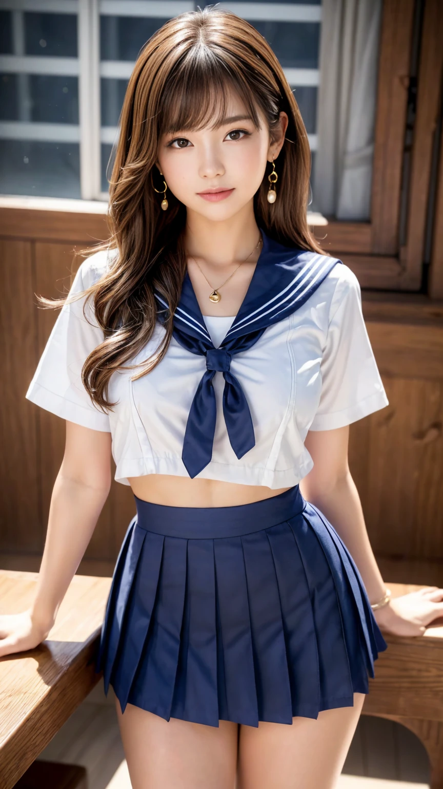 Highest quality, Very detailed, High resolution, 8k wallpaper, Perfect dynamic composition,、Captive women、(((arms behind back, bound, from the bottom of the front)))、(((Wearing a sailor suit、Wear a pleated skirt)))、Well-balanced、Small face、Small breasts、Cute face、Realistic Skin、Realistic Face、 Sitting in a chair、A little bit of her white panties are visible、Open your legs a little
