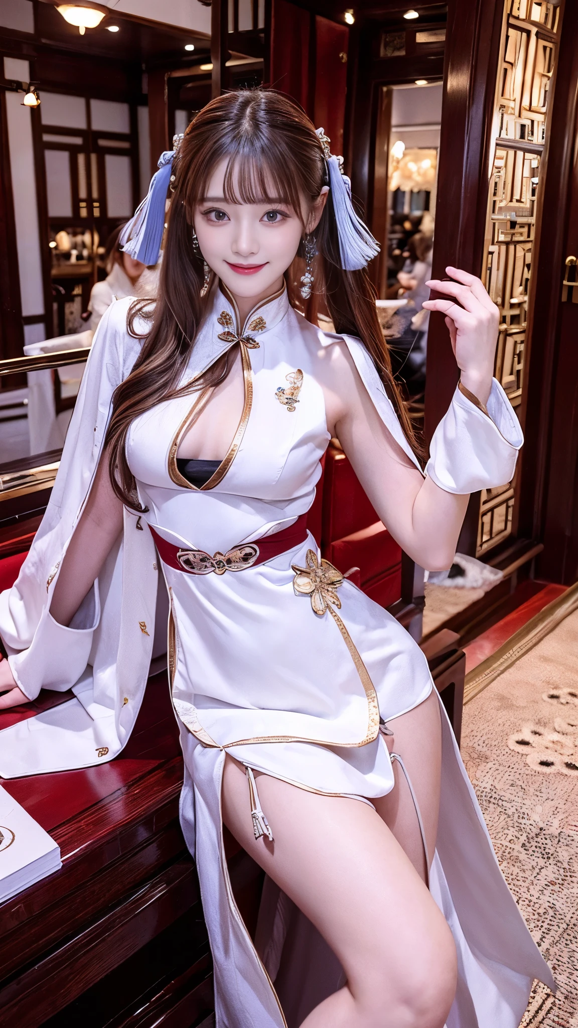 beautiful woman, Chestnut hair , Beautiful Eyes , Smile, Actual , Full HD, very beautiful dress ,Fluffy dress , curved body,Magnificent view ,Gorgeous decoration,cheongsam,中国发髻,Jinhri,White hair,cosplayer