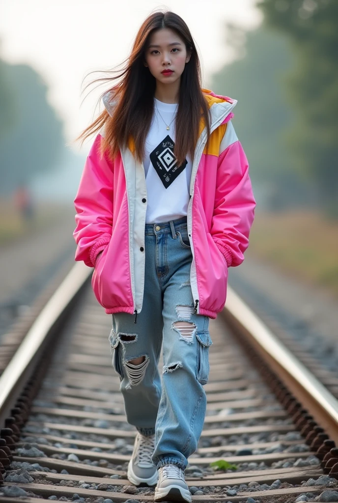 Portrait of a beautiful Korean woman with an edgy, modern streetwear style. She wore an very oversized pink jacket with white and yellow accents, which looked like a technical or outdoor jacket. In it, he wore a white t-shirt with a black geometric design in the middle. Straight hair is very long and flows in the wind in a natural messy style, giving a casual but stylish impression. He wore loose cargo style jeans with a washed-out and ripped effect, giving a vintage and urban look. Chunky sneakers in gray and white complete the style. When walking on train tracks, the background is a beautiful bokeh view, highlighting a modern and aesthetic impression like a digital painting with soft lighting.