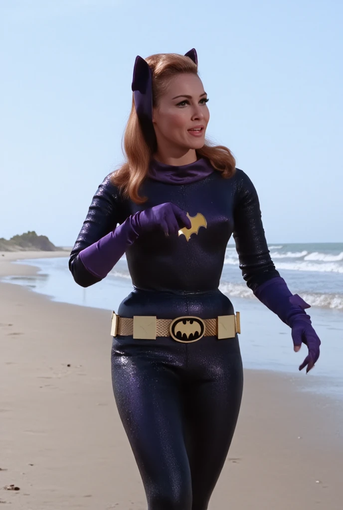 yvonne craig woman, sinking in sand. She screams with her eyes wide open, she looks for help, extent her arm trying to grab something to escape, she moves desperate, but half of her body is already cover by sand, she is in pain, she screams as hard as she can , 60's style, analog film, film grain, on desert