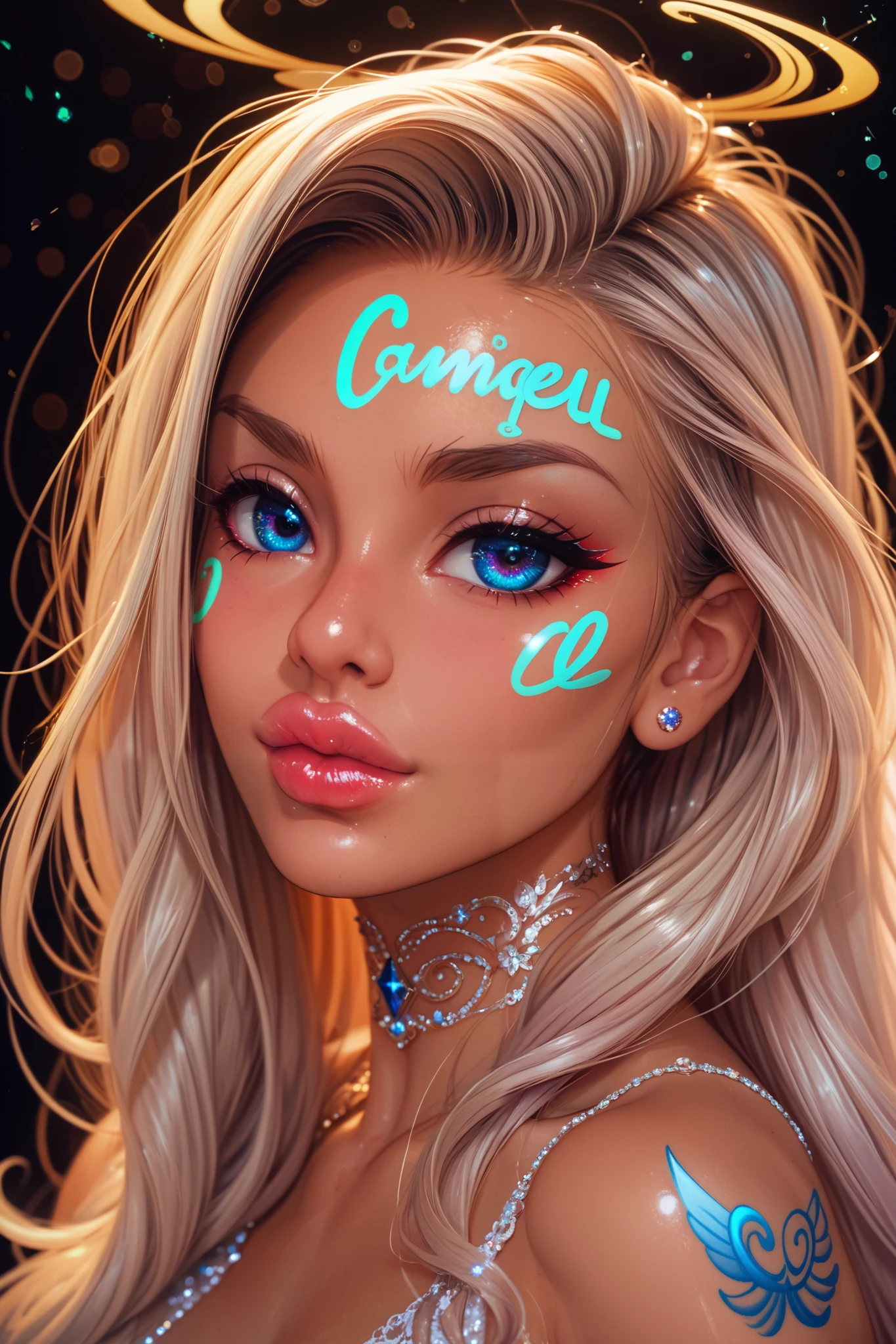 An artistic depiction of a girl with big lips and big eyes, adorned with face tattoos that say 'angel' and 'demon' beneath her eyes. The style is a blend of surrealism and pop art, with vibrant colors and exaggerated features. Her expression is a mix of angelic and mischievous, set against a dynamic abstract background. The artwork is inspired by artists like Takashi Murakami and Roy Lichtenstein, rendered in high detail with bold outlines and vivid contrasts.