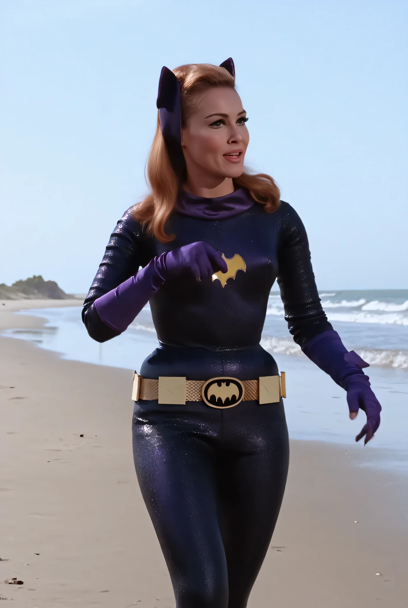 Wet, humid, soaked. Ultrarealistic, 4K, high resolution. NSFW. Perfect body woman. Luxurious detailed. Young woman, tall blonde very long hair, hairstyle ponytail, spectacular hourglass body, small waist, low big teardrop breasts, perfect legs. Wearing tight full body plain polyester shiny black catsuit front zipper wide open, showing off amply her bust. Plunging neckline very low. Using knee high boots. Walking along a empty beach. Cocky Expression.