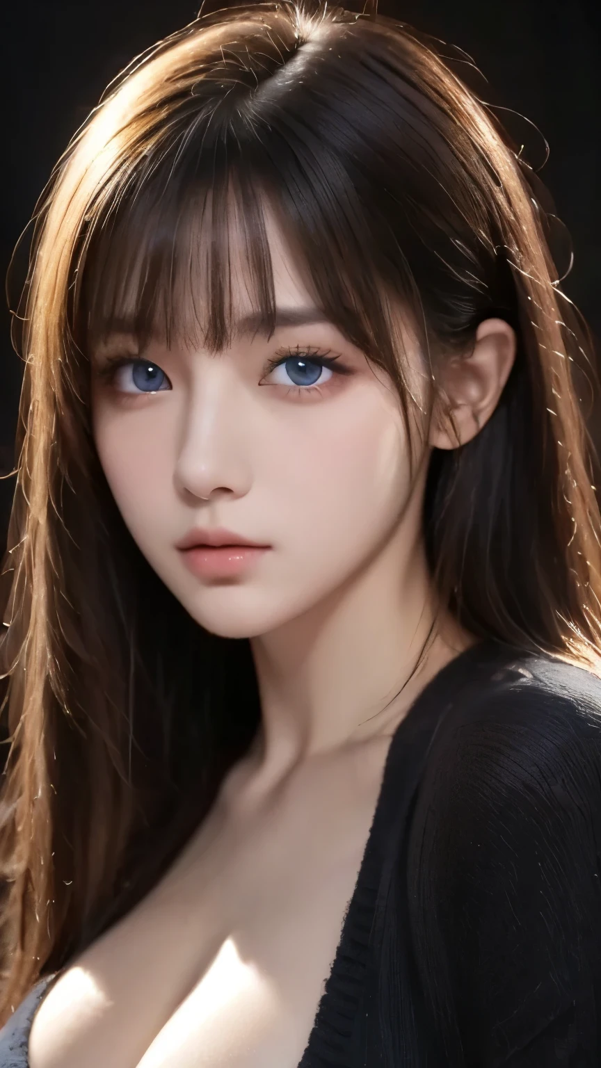 masterpiece, best quality, ultra-detailed, facing the camera head on, intricately detailed hyperdetailed, realistic, sharp features, highly detailed, sharp focus, perfect face, perfect face, perfect symmetrically perfect eyes, perfect full lips, flexible female form, cinematic, film light, hyper detailed, hyper realistic, masterpiece, atmospheric, high resolution, vibrant, dynamic studio lighting, nsfw, ((Dark background)), Sexy face, Facial expressions when receiving pleasure, straight Bangs, Big breasts, Exposed cleavage, blue Eyes,black sweater, cowboy shot,