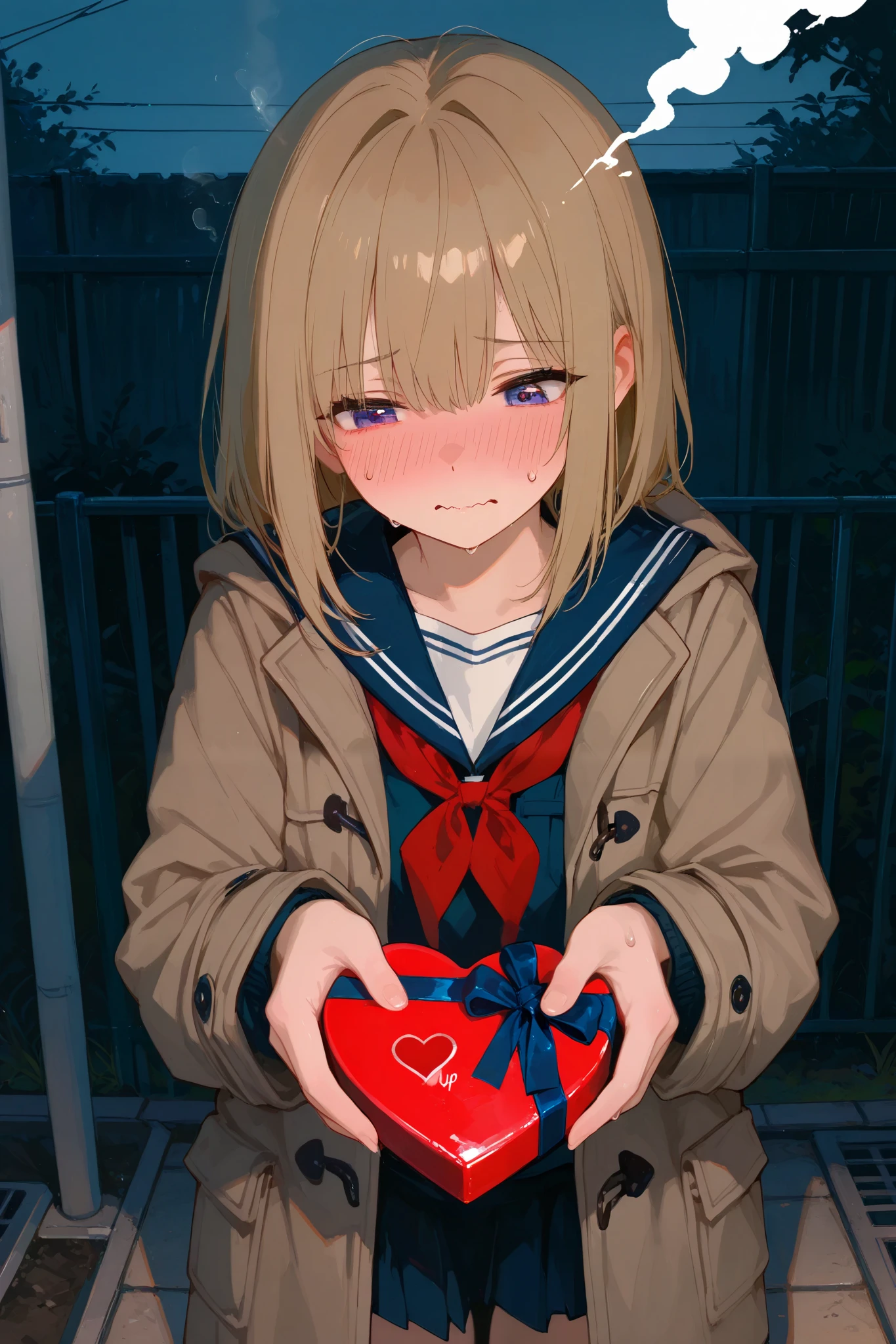 1girl\(harf open eyes,wavy mouth,embarrassed,light head steam,sweatdrop,lovestruck,school sailor,put on black duffel coat \),arrow through heart,school sailor, arms outstretched,BREAK,1arms only human,from front,both hand\(Holding a heart-shaped gift box in both hands,offering the gift box to the her),cowboy shot, school backyard,moody atmosphere,748cmstyle,UHD, retina, masterpiece, accurate, anatomically correct, textured skin, super detail, high details, high quality,best quality, highres, 1080P, HD, 16k