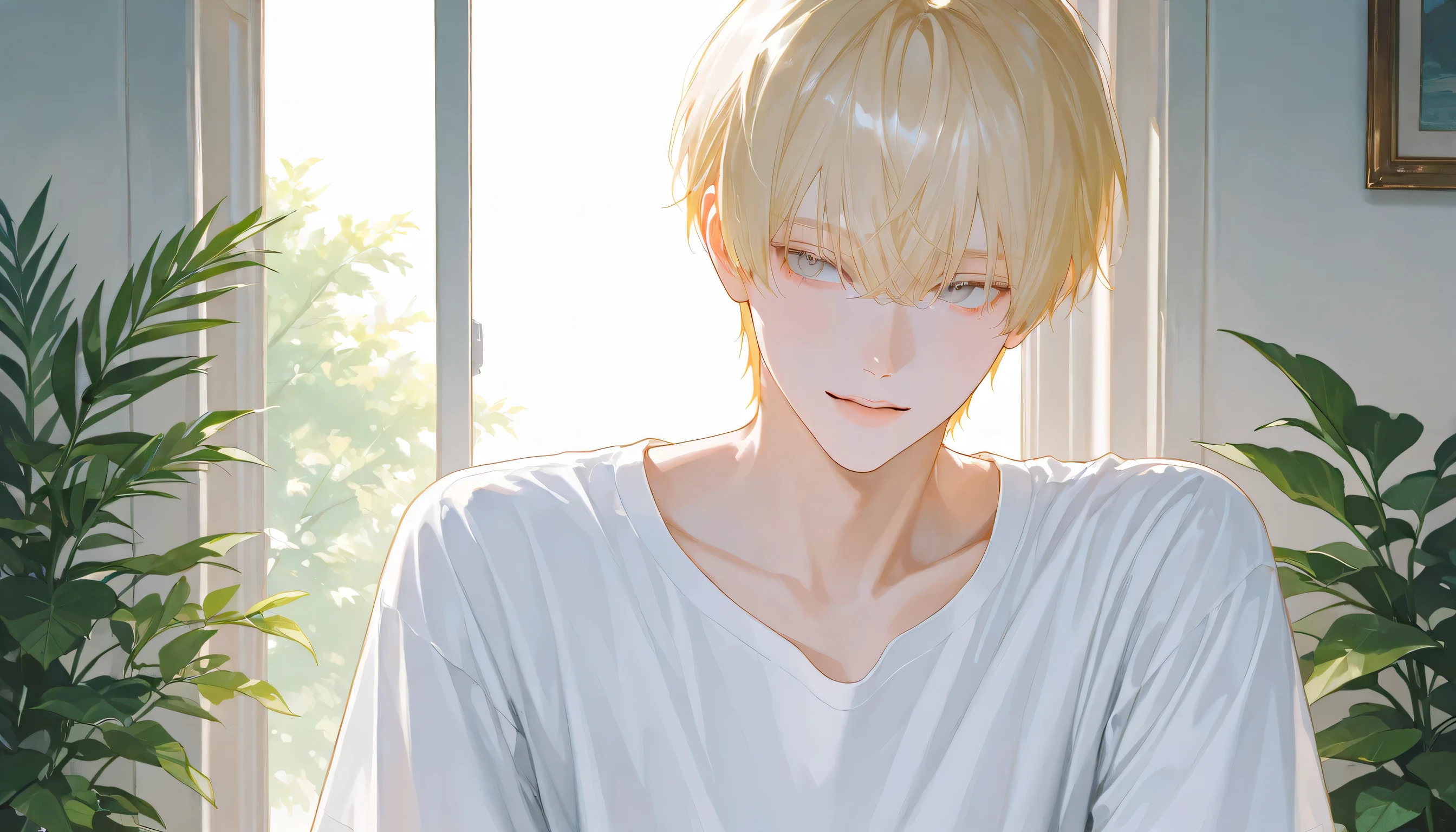 1 man, handsome, cute, beautifull man, Blonde hair, short hair, short length hair, with bangs, male focus, perfect Eyes, grey eyes, semi-anime art, expressive brushstrokes, vibrant brushstrokes, impressionistic painting, realistic skin, anime hair, semi-realistic details, high details, wearing white T-shirt
