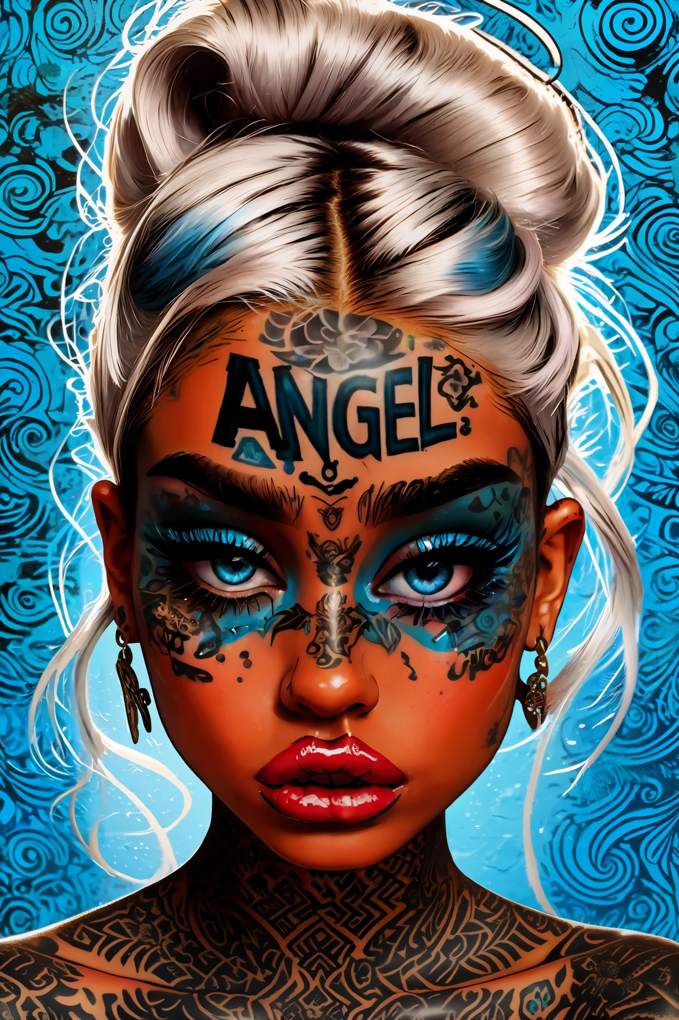 An artistic depiction of a girl with big lips and big eyes, bigger eyes, bigger lips, plump lips, long eyelashes, adorned with face tattoos, (urban face tattoos) ((facial tattoo of the word "angel")) The style is a blend of surrealism and pop art, with DARK colors and VERY exaggerated features. Her expression is a mix of seduction and mischievous, set against a dynamic abstract background. The artwork is inspired by artists like todd white, rendered in high detail with bold outlines and vivid contrasts. the subject has baby blue eyes, with baby blue dyed hair, and baby blue lip stain, 