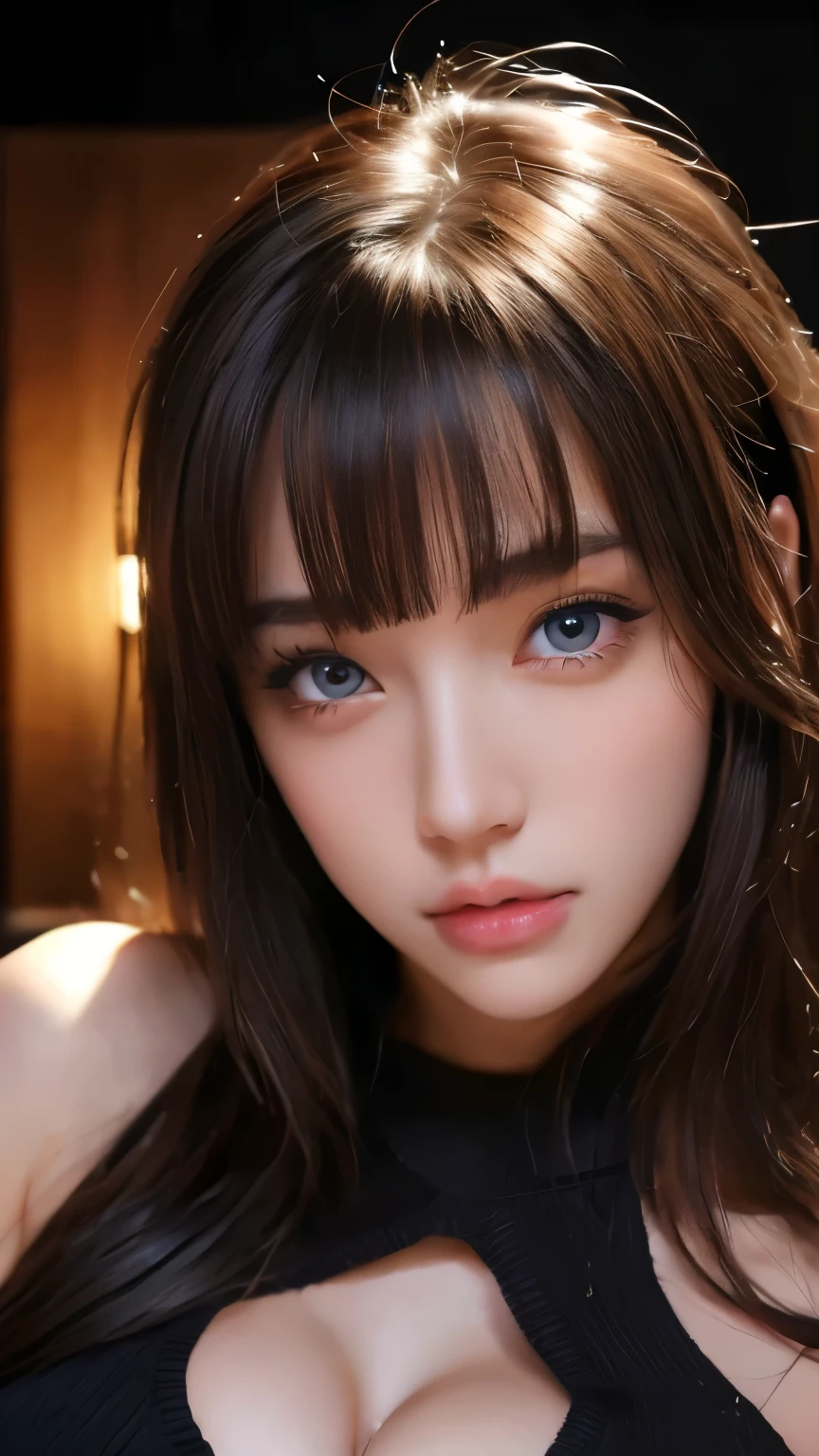 masterpiece, best quality, ultra-detailed, facing the camera head on, intricately detailed hyperdetailed, realistic, sharp features, highly detailed, sharp focus, perfect face, perfect face, perfect symmetrically perfect eyes, perfect full lips, flexible female form, cinematic, film light, hyper detailed, hyper realistic, masterpiece, atmospheric, high resolution, vibrant, dynamic studio lighting, nsfw, ((Dark background)), Sexy face, Facial expressions when receiving pleasure, straight Bangs, Big breasts, Exposed cleavage, blue Eyes,black sweater, cowboy shot,