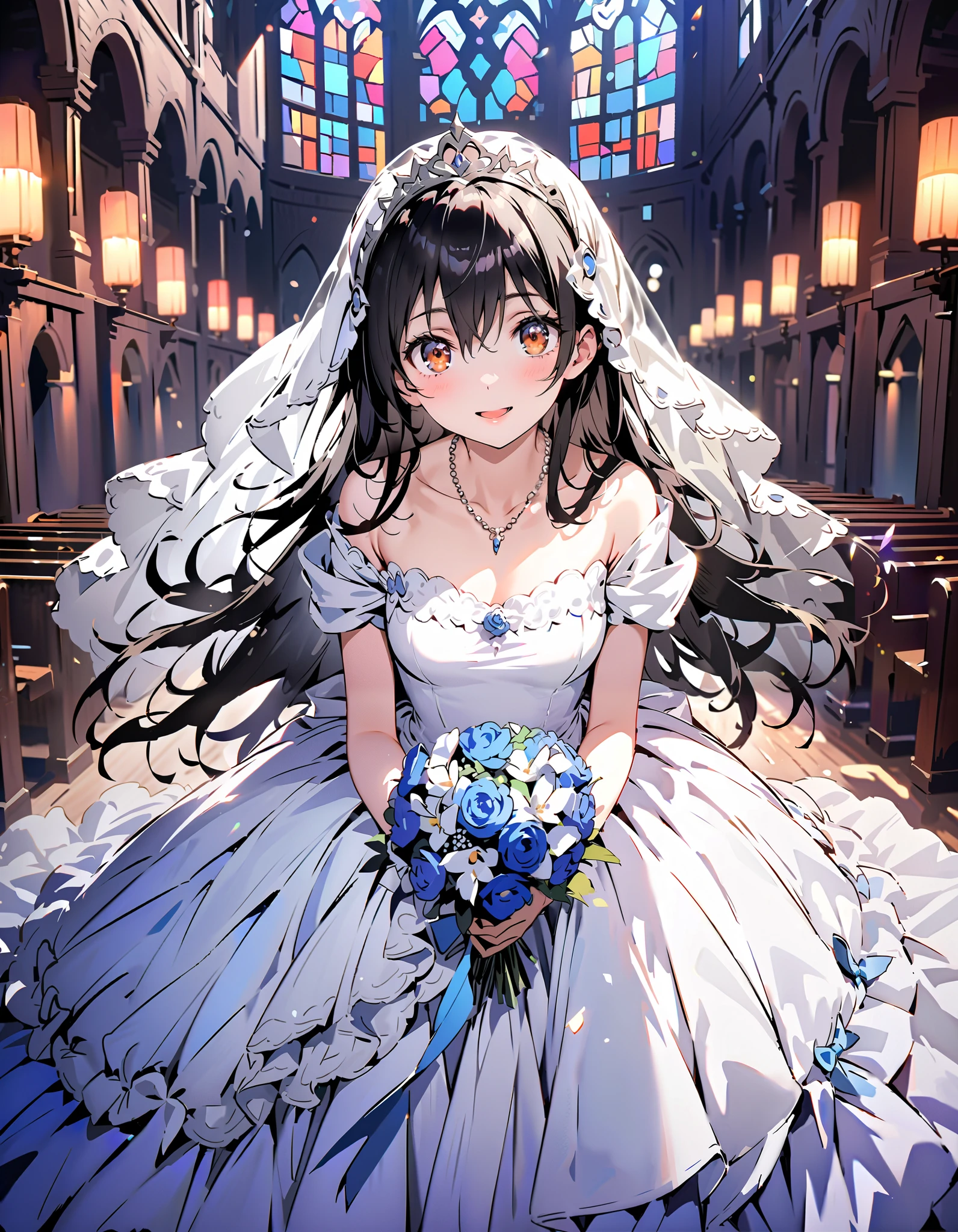 Sonoda Kai , long hair, bangs, brown eyes, lantern,smile,, open your mouth , off shoulder wedding dress, wedding long skirt with a bouquet of flowers in both hands, Veil, tiara , necklace,bouquet, Blue Flower, standing, stained glass ,whole bodyが illustration with eyes hangingに入るように, break indoors, Chapel,church,
break looking at viewer,whole body,
break ( Masterpiece:1.2), top quality, nothing , Unity 8k Wallpaper, ( illustration with eyes hanging:0.8), ( beautiful eye with attention to detail :1.6), Very Exquisite Face , perfect lighting , very detailed CG , ( Perfect Hands, perfect anatomy),